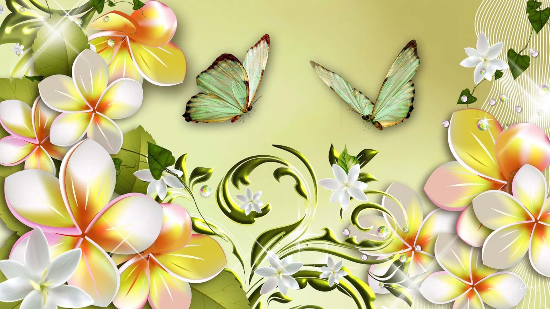 Spring Butterflies, glowing green, yellow floral design, Full HD Desktop Wallpaper