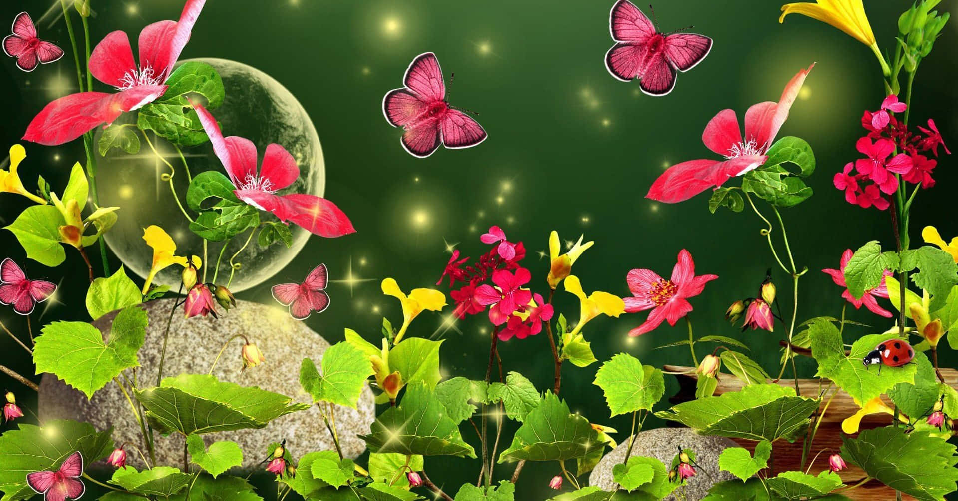 Spring Butterflies, pink and yellow flowers, glowing green foliage, HD Desktop Wallpaper
