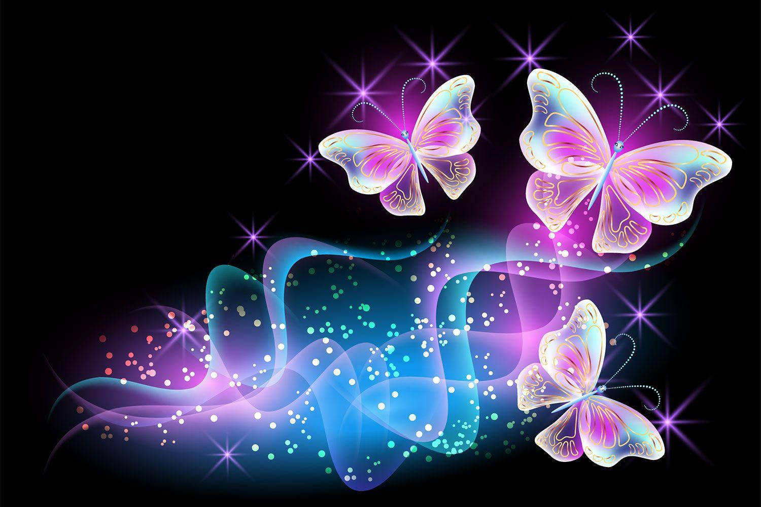 neon pink butterflies, blue trails, swirling neon ribbons, HD Desktop Wallpaper