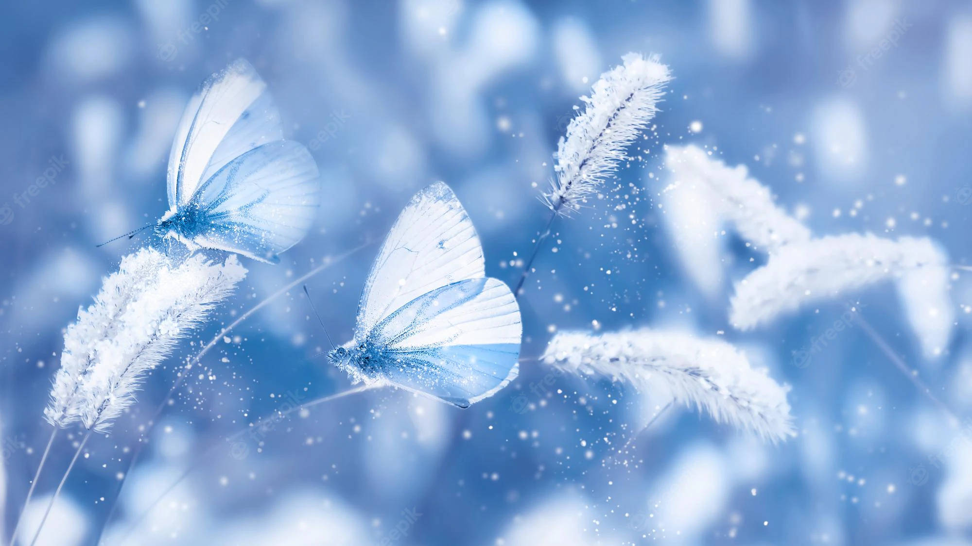 Pretty Blue Butterflies, frosty white grasses, soft blue snowy backdrop, Full HD Desktop Wallpaper