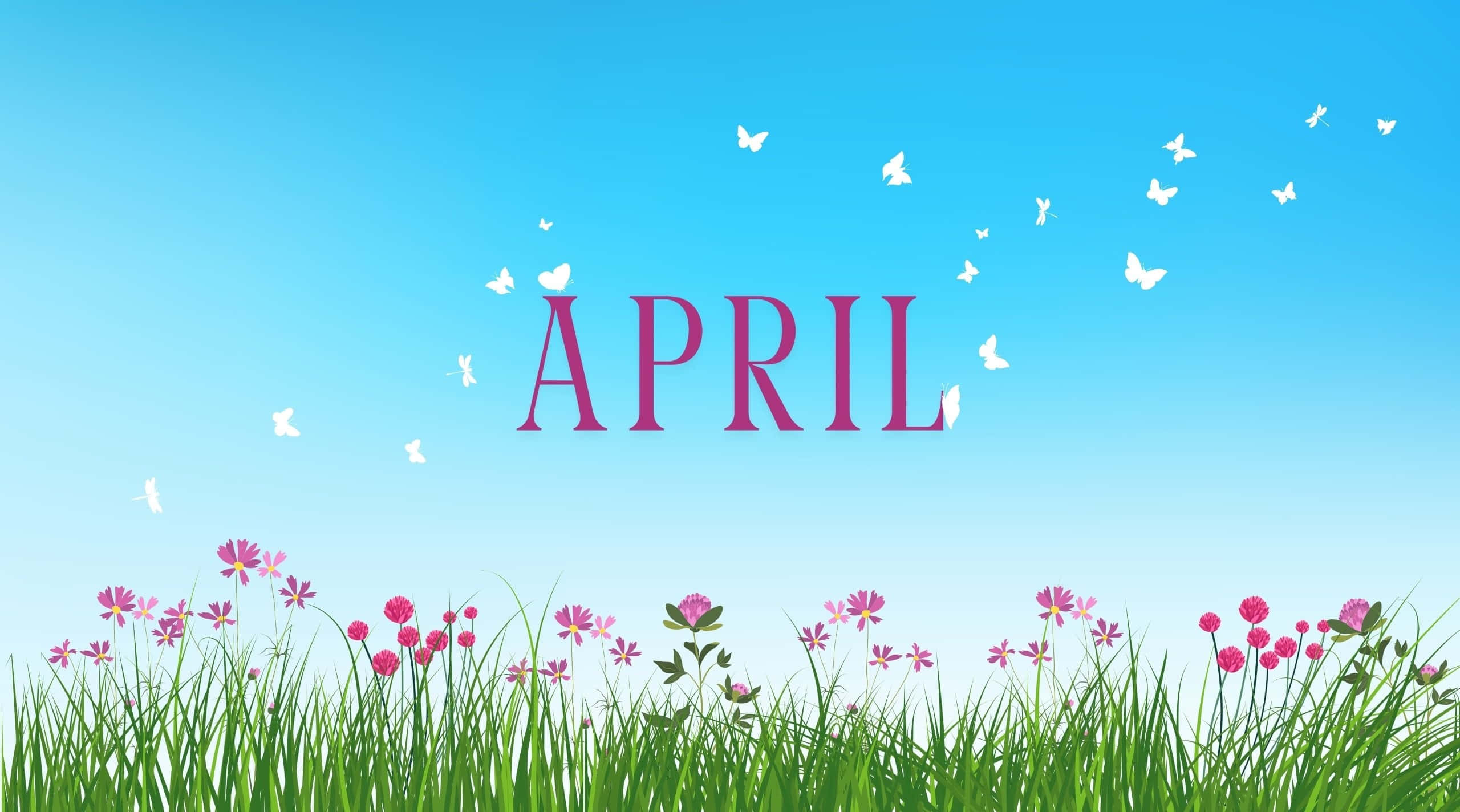 april, magenta letters, green grass, 2K Desktop Wallpaper