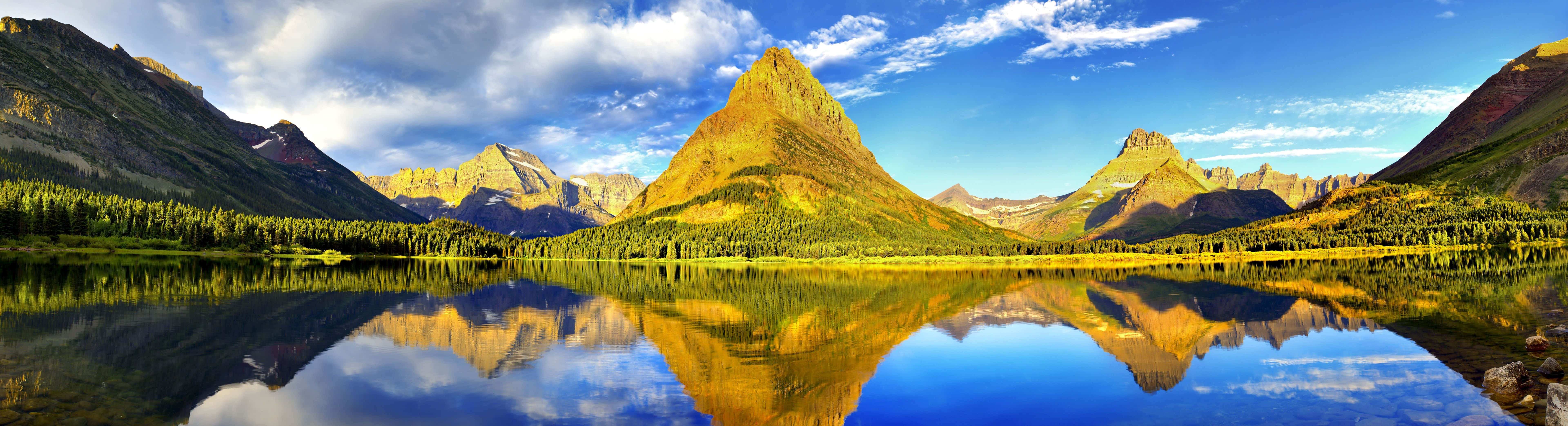 spring dual monitor, mountain range, golden peaks, 8K Desktop Wallpaper