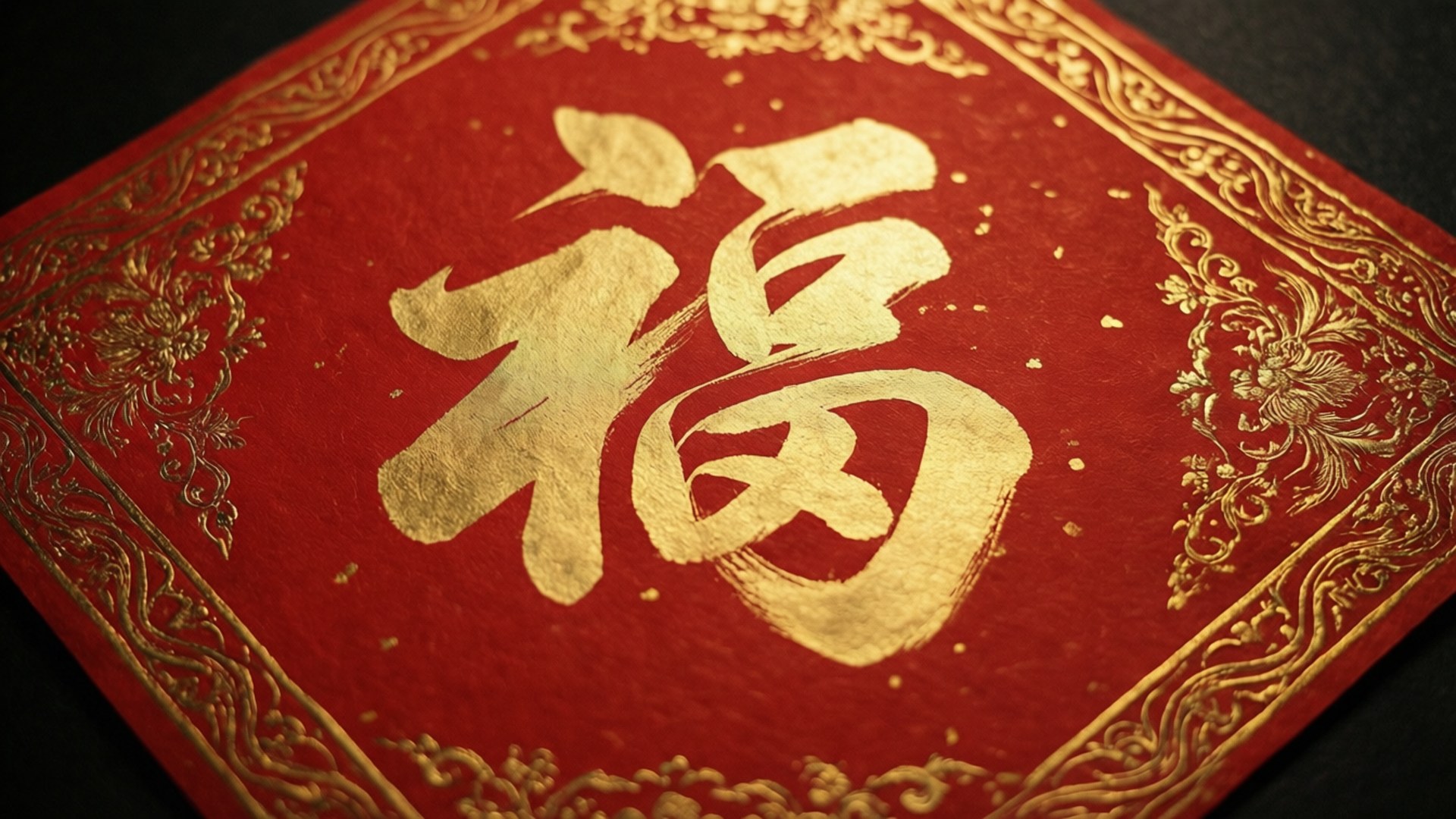 classic red couplet, red background, golden Chinese calligraphy, Full HD Desktop Wallpaper