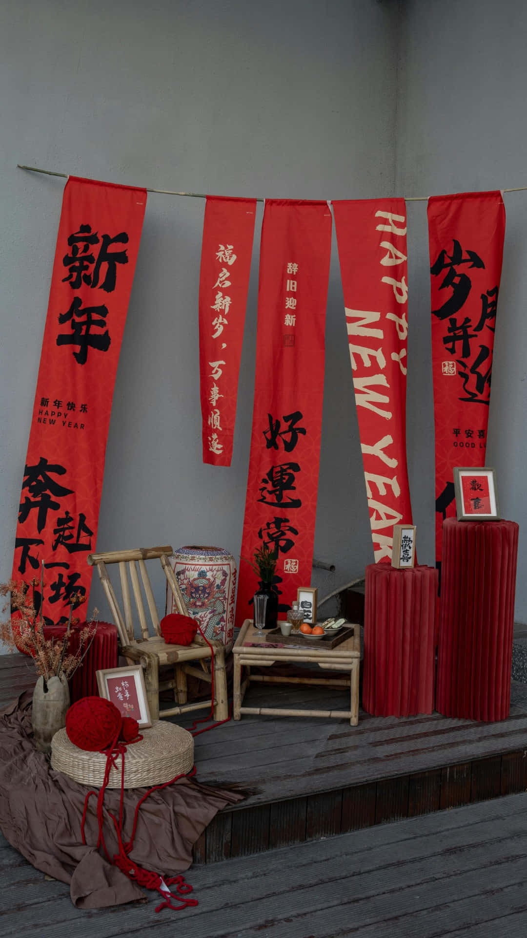 Spring Couplets, red Chinese New Year banners, black and white calligraphy, Full HD Phone Wallpaper