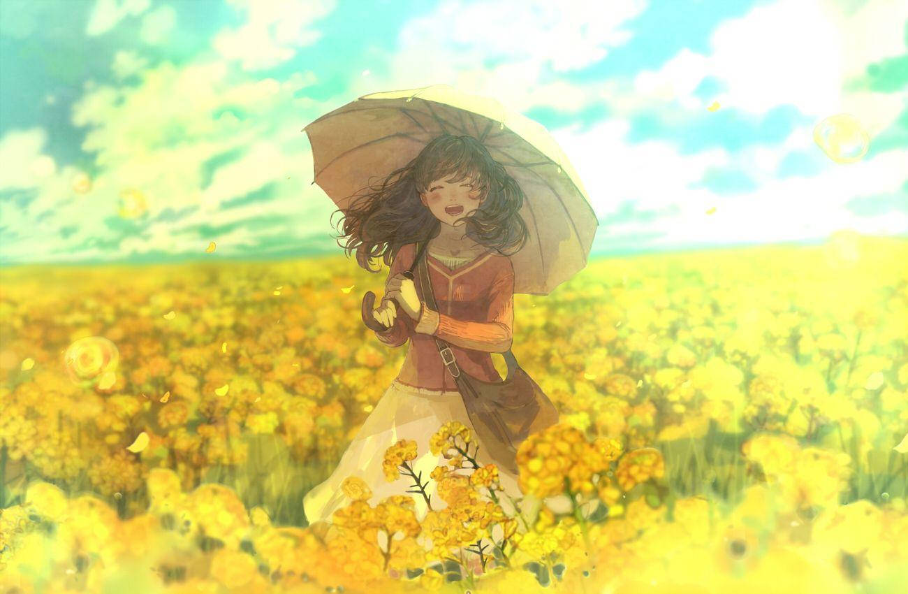 Single Girl In Spring, dark hair, brown umbrella, HD Desktop Wallpaper