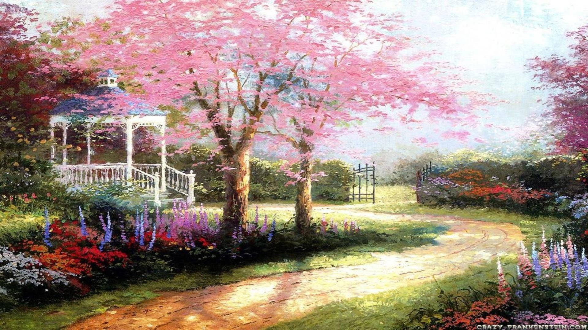 Spring Desktop, sakura tree painting, white gazebo, Full HD Desktop Wallpaper