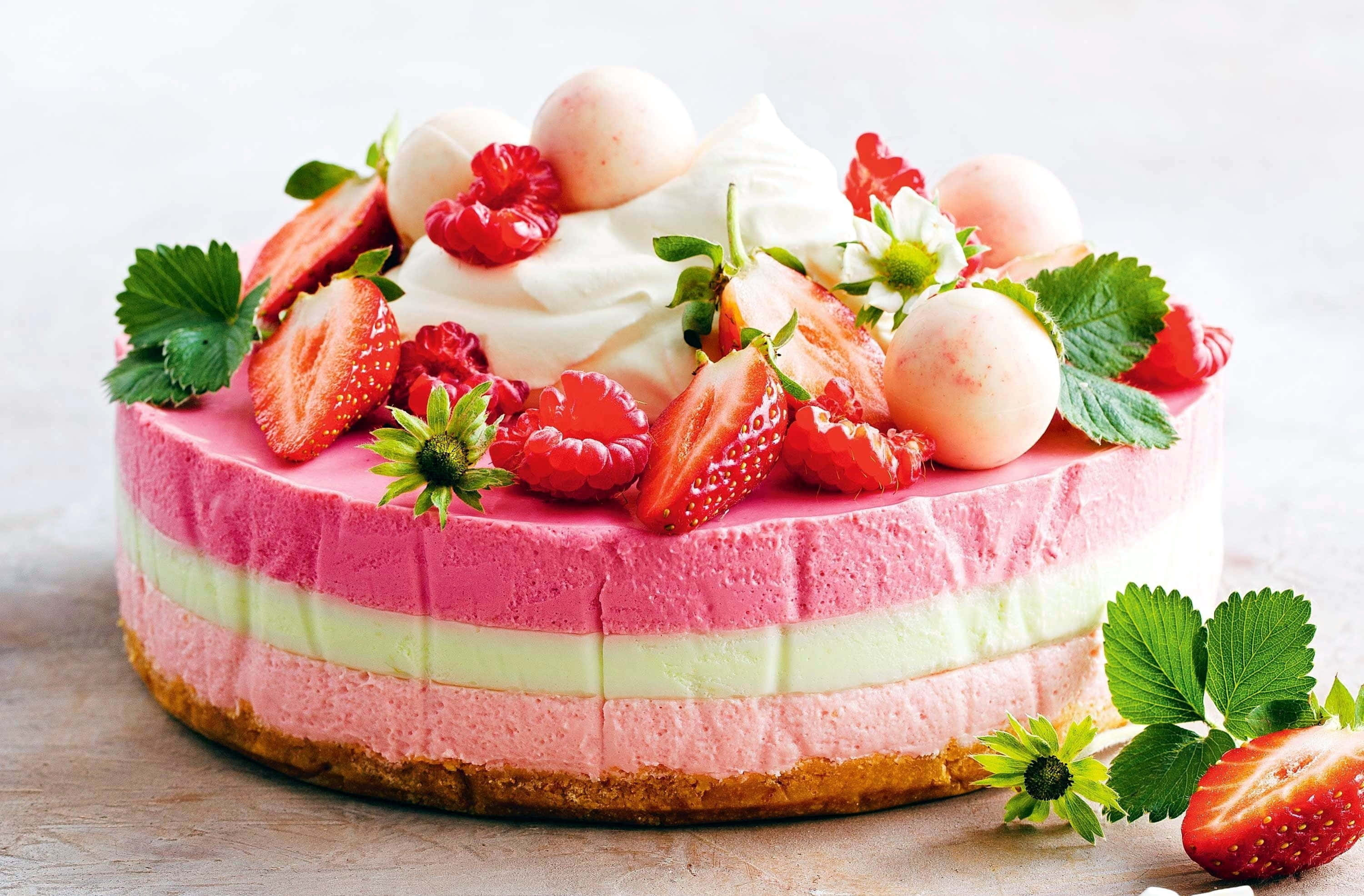 strawberry cheesecake, fresh berries, whipped cream, 2K Desktop Wallpaper