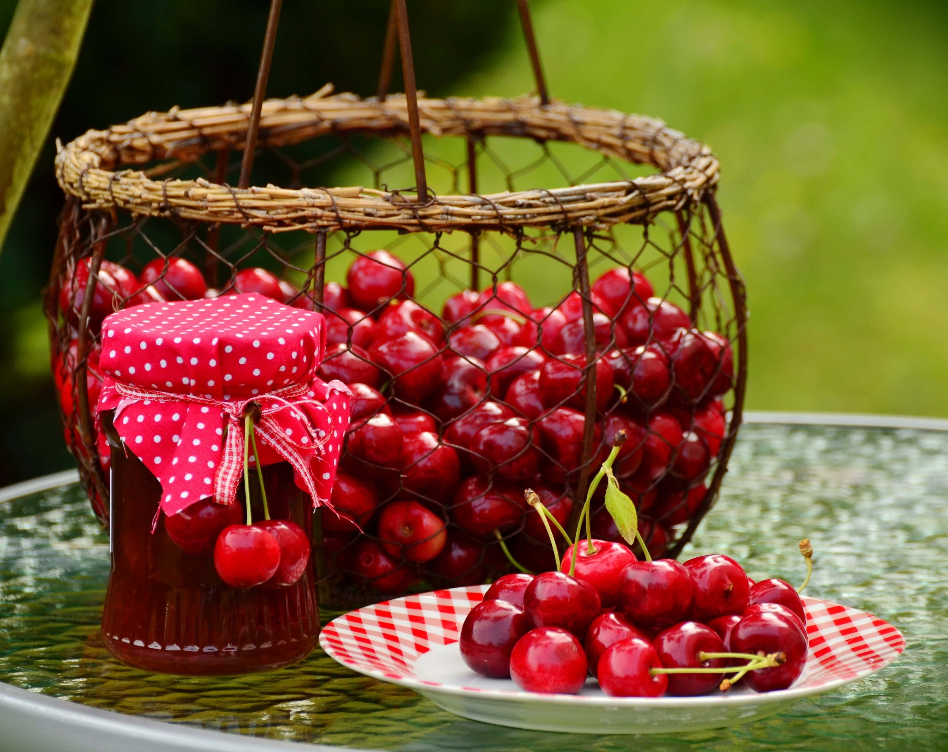 Spring Desserts, glossy red cherries, cherry jam, 2K Desktop Wallpaper
