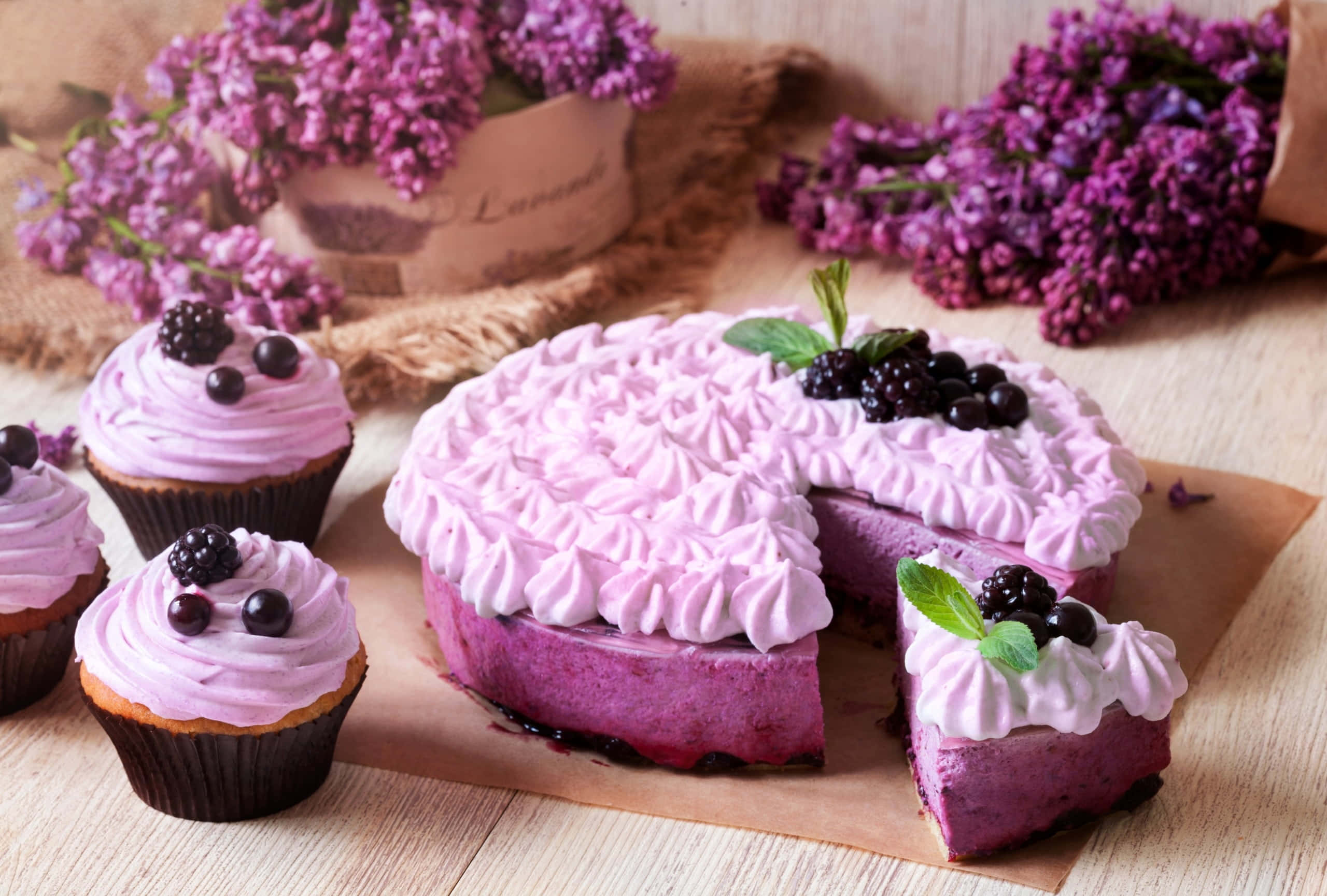 purple berry cheesecake, whipped cream, blackberries, 2K Desktop Wallpaper