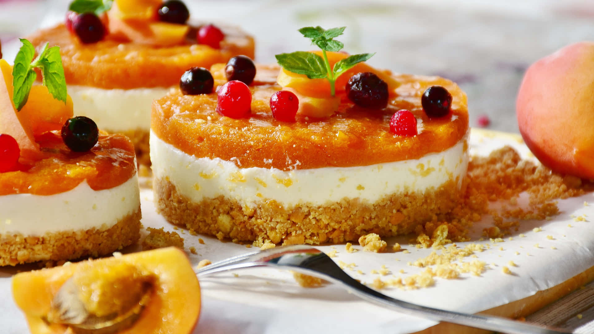 peach cheesecakes, fresh berries, mint leaves, Full HD Desktop Wallpaper