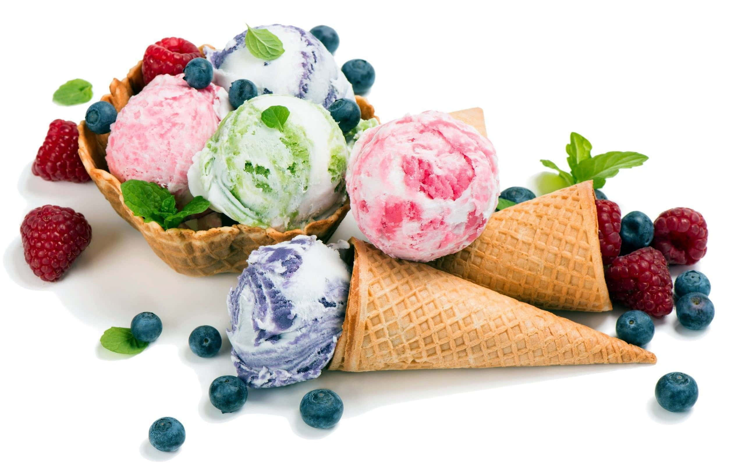 Spring Desserts, bowl, cones, 2K Desktop Wallpaper