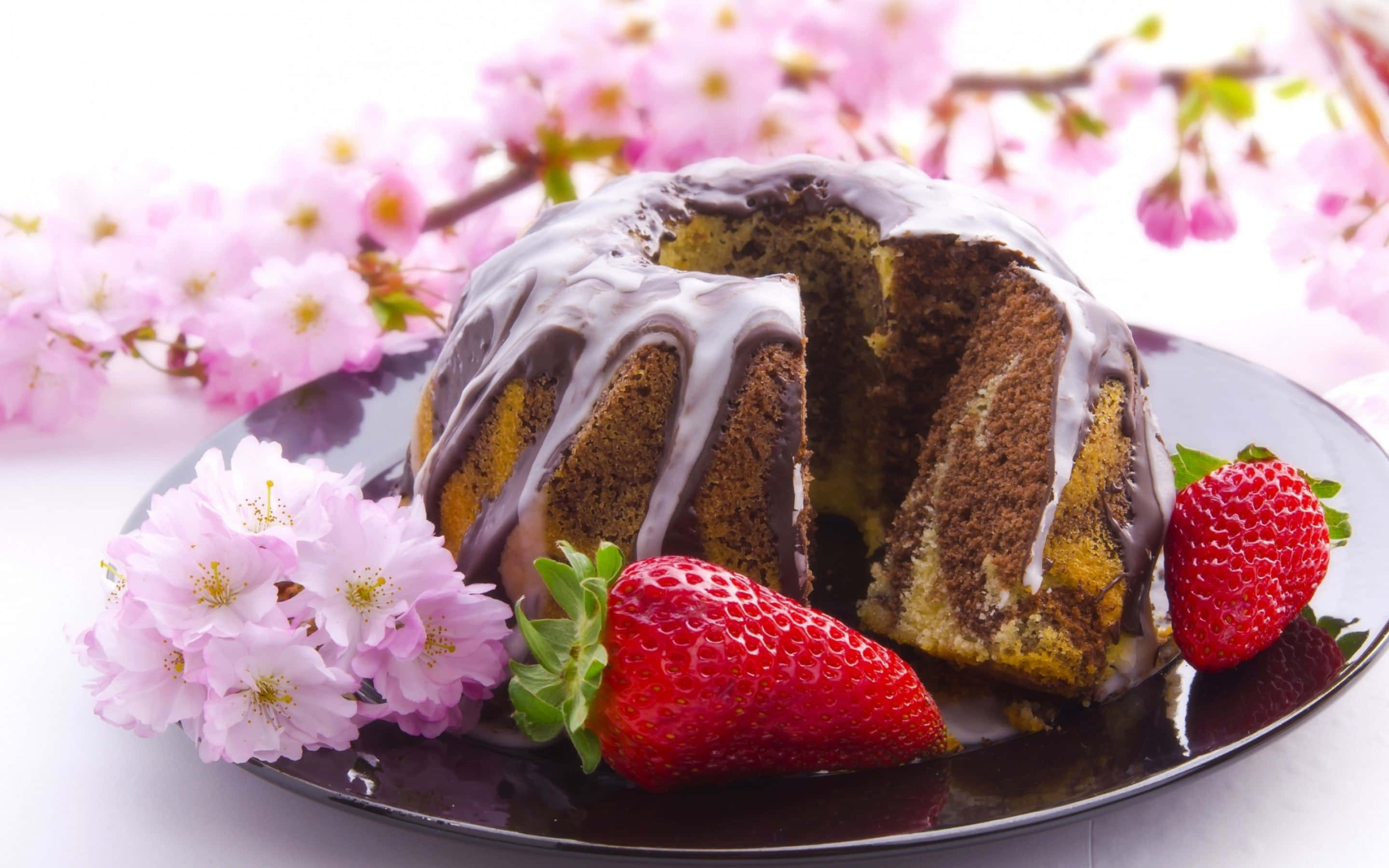 spring desserts, chocolate bundt cake, white icing, 2K Desktop Wallpaper
