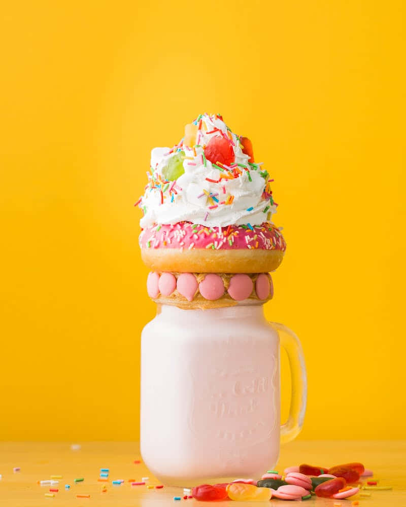 pink milkshake, mason jar, donut, SD Phone Wallpaper