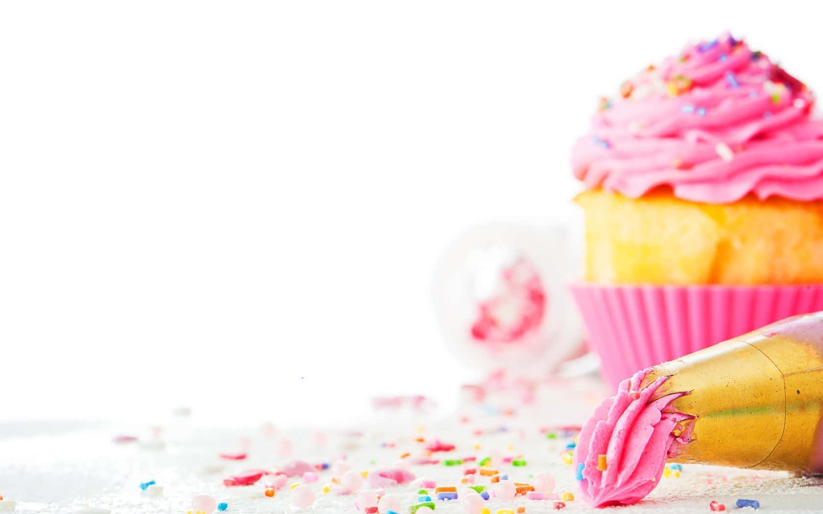 pink cupcake, colorful sprinkles, piping bag, HD Desktop Wallpaper