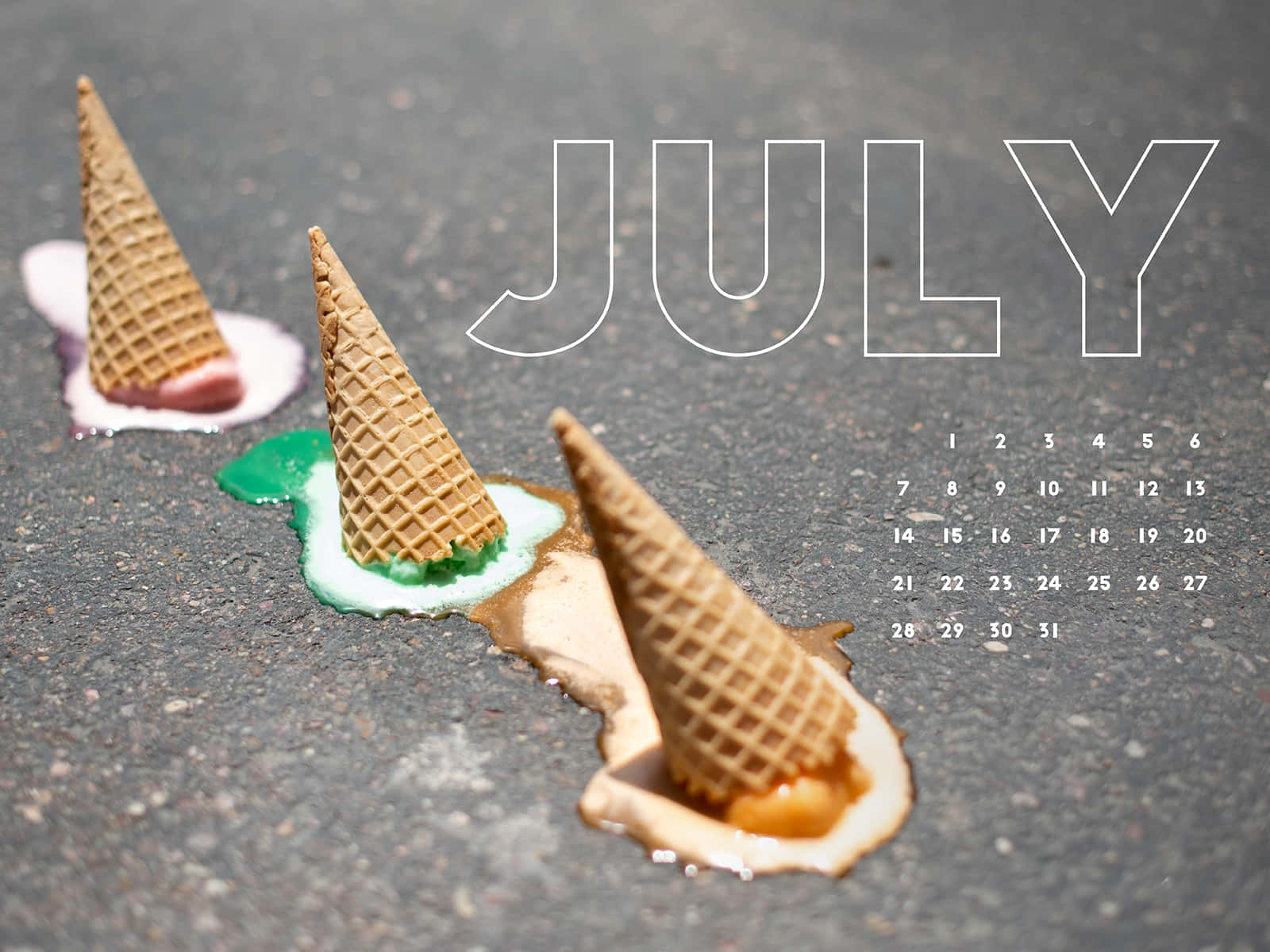 July calendar text, pink green and caramel drips, melting ice cream cones, HD Desktop Wallpaper