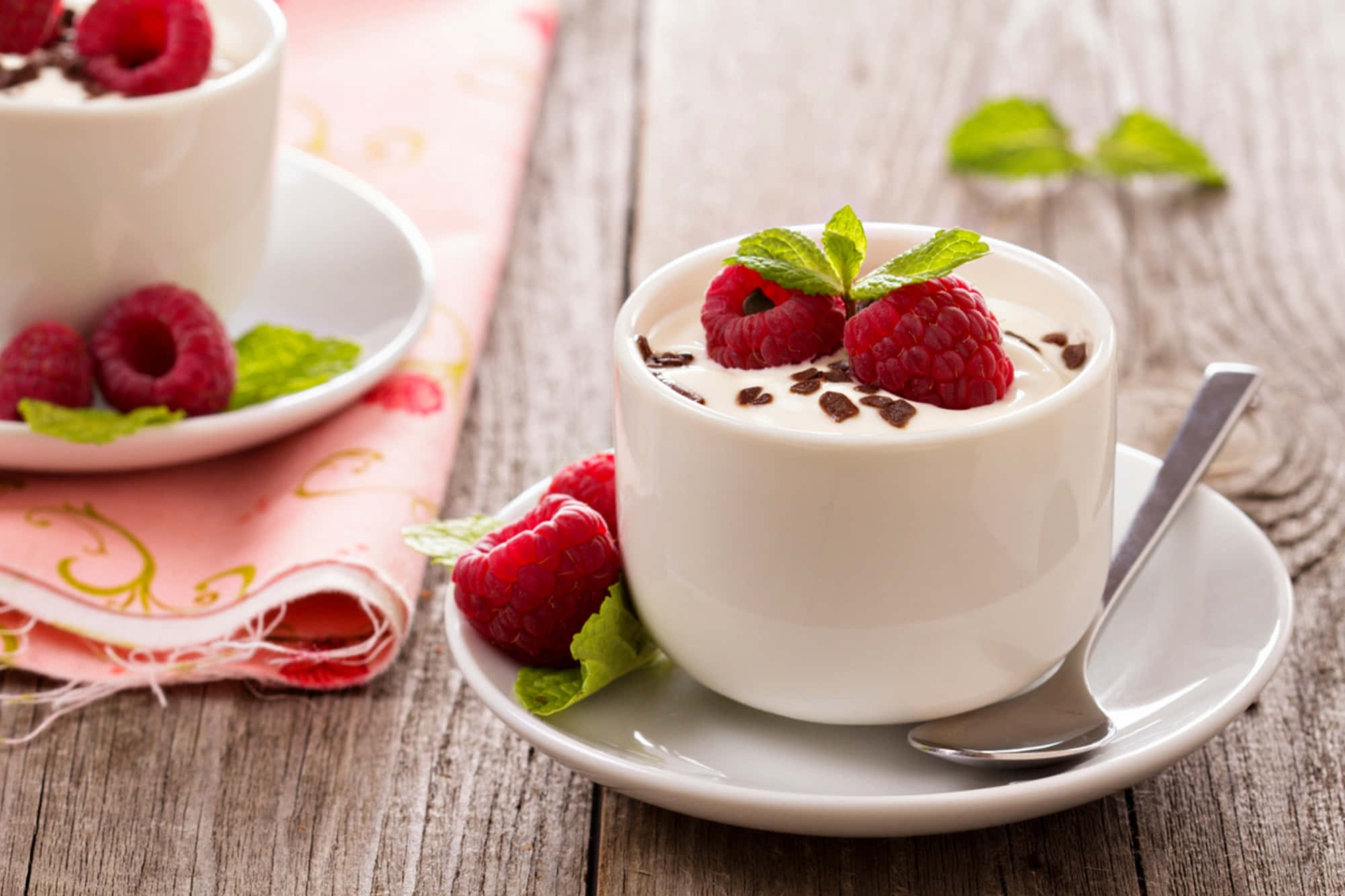 white cups, creamy dessert, fresh raspberries, Full HD Desktop Wallpaper