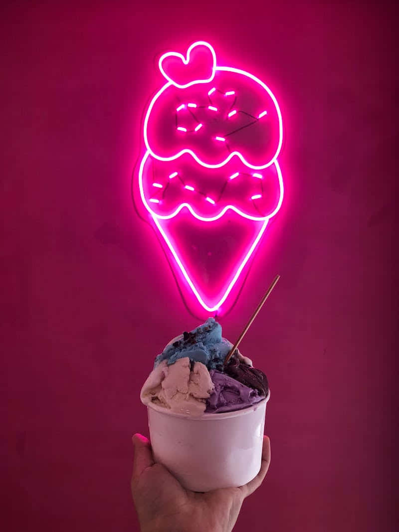 pink neon sign, two-scoop cone, heart, SD Phone Wallpaper