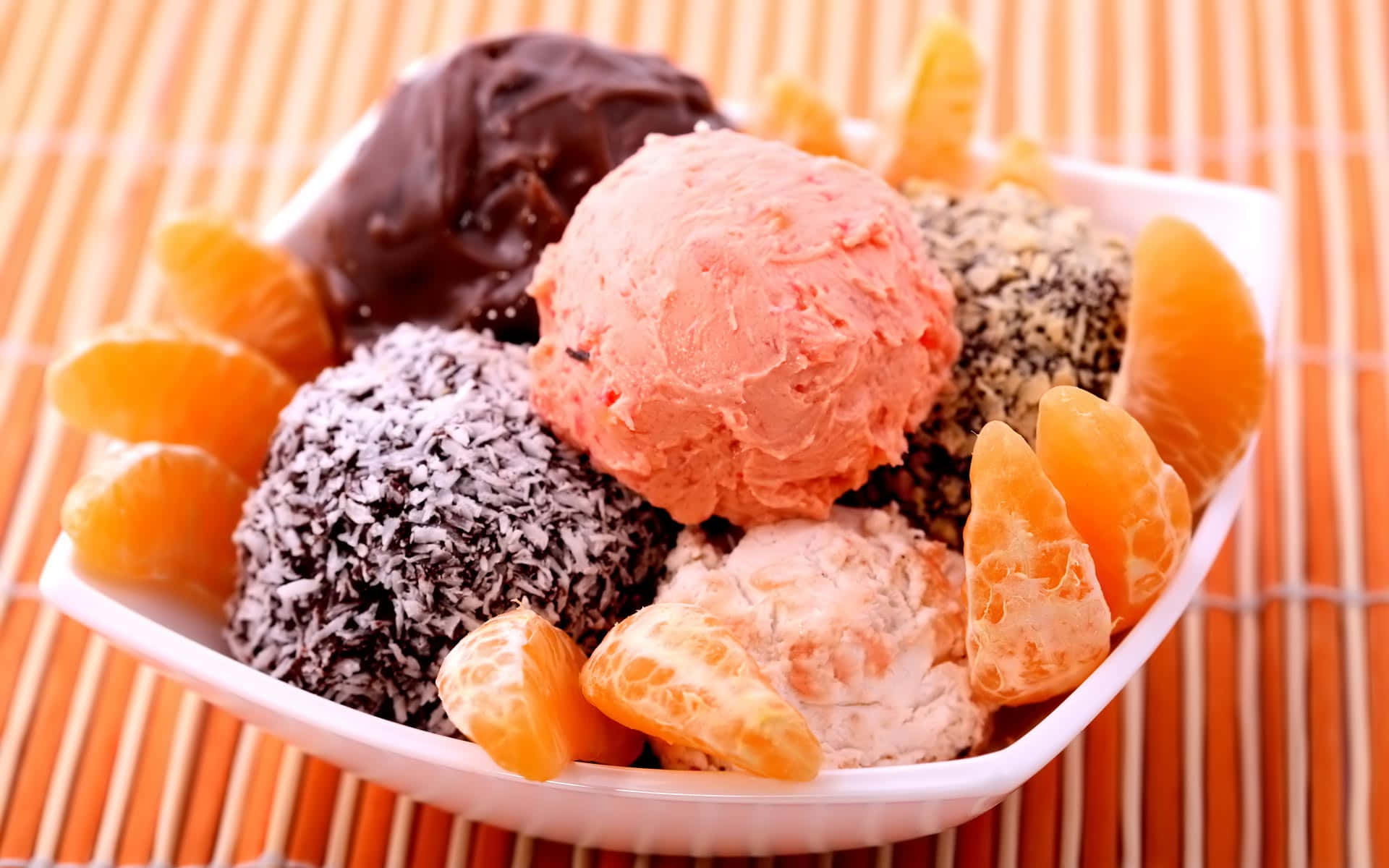 spring desserts, chocolate coconut strawberry and vanilla ice cream, mandarin orange segments, Full HD Desktop Wallpaper