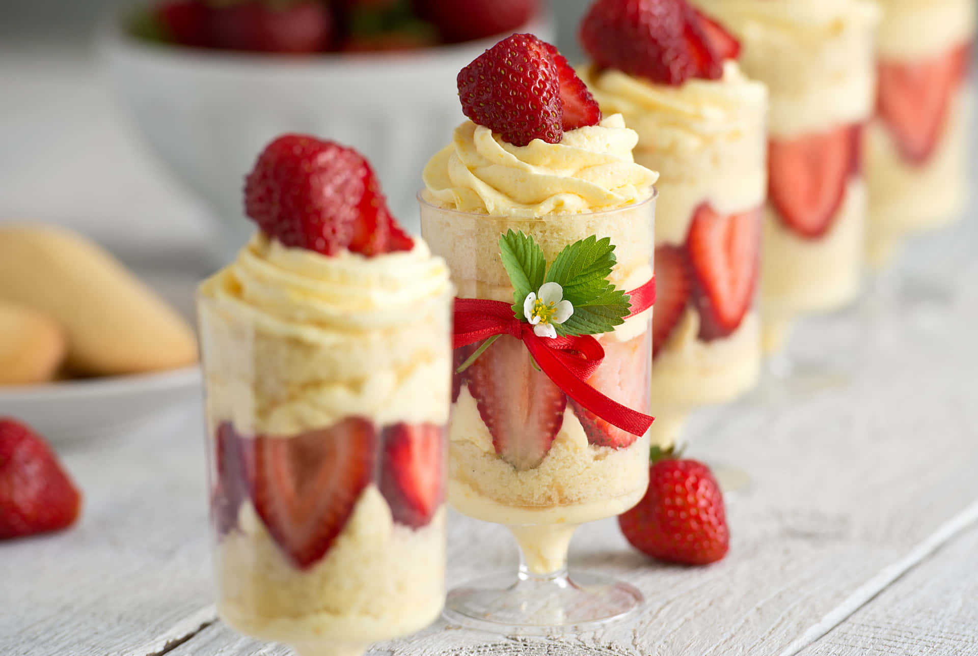 strawberry cream desserts, glass cups, red ribbons, Full HD Desktop Wallpaper