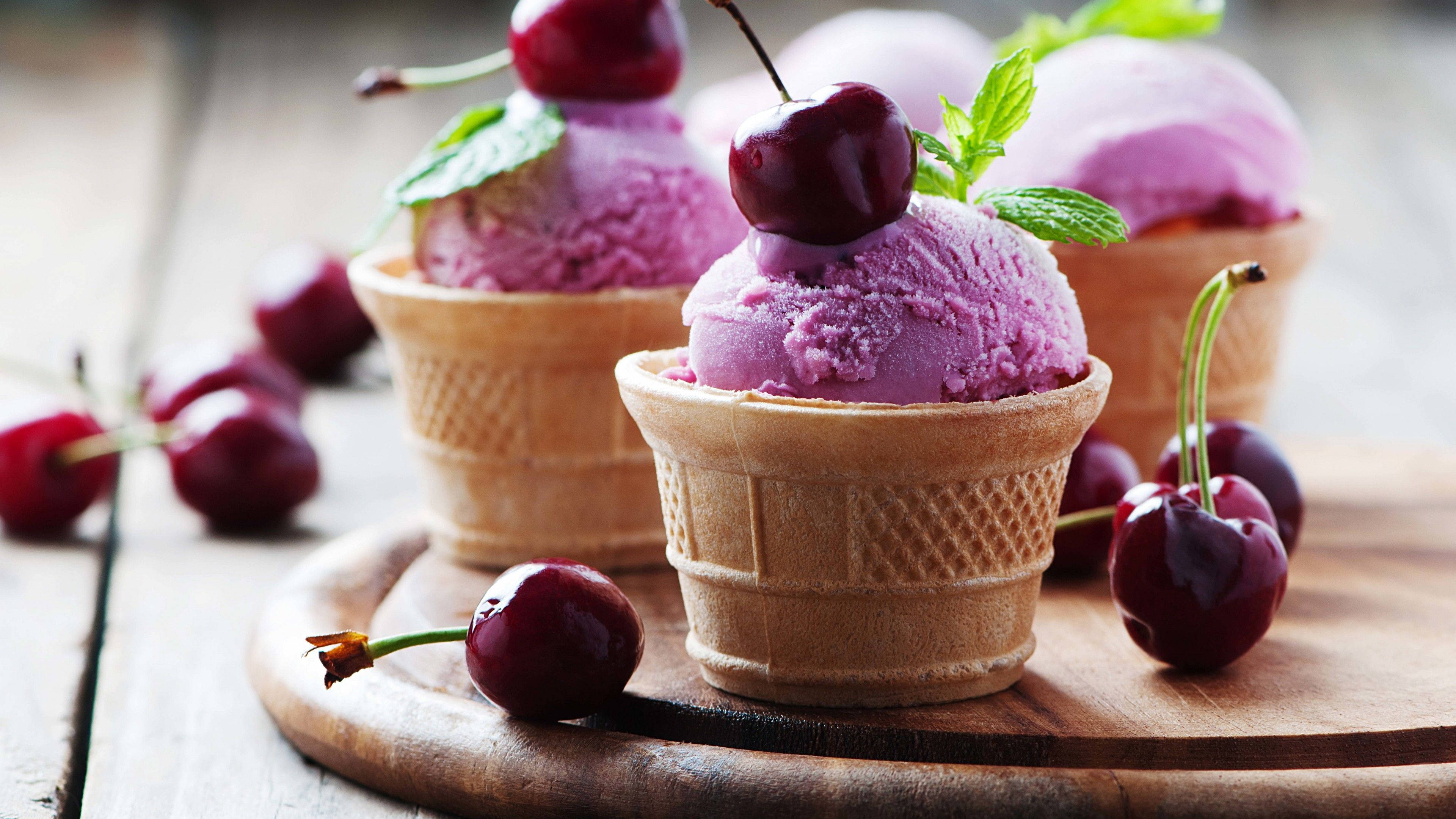 purple cherry ice cream, waffle cones, fresh cherries, 4K Desktop Wallpaper