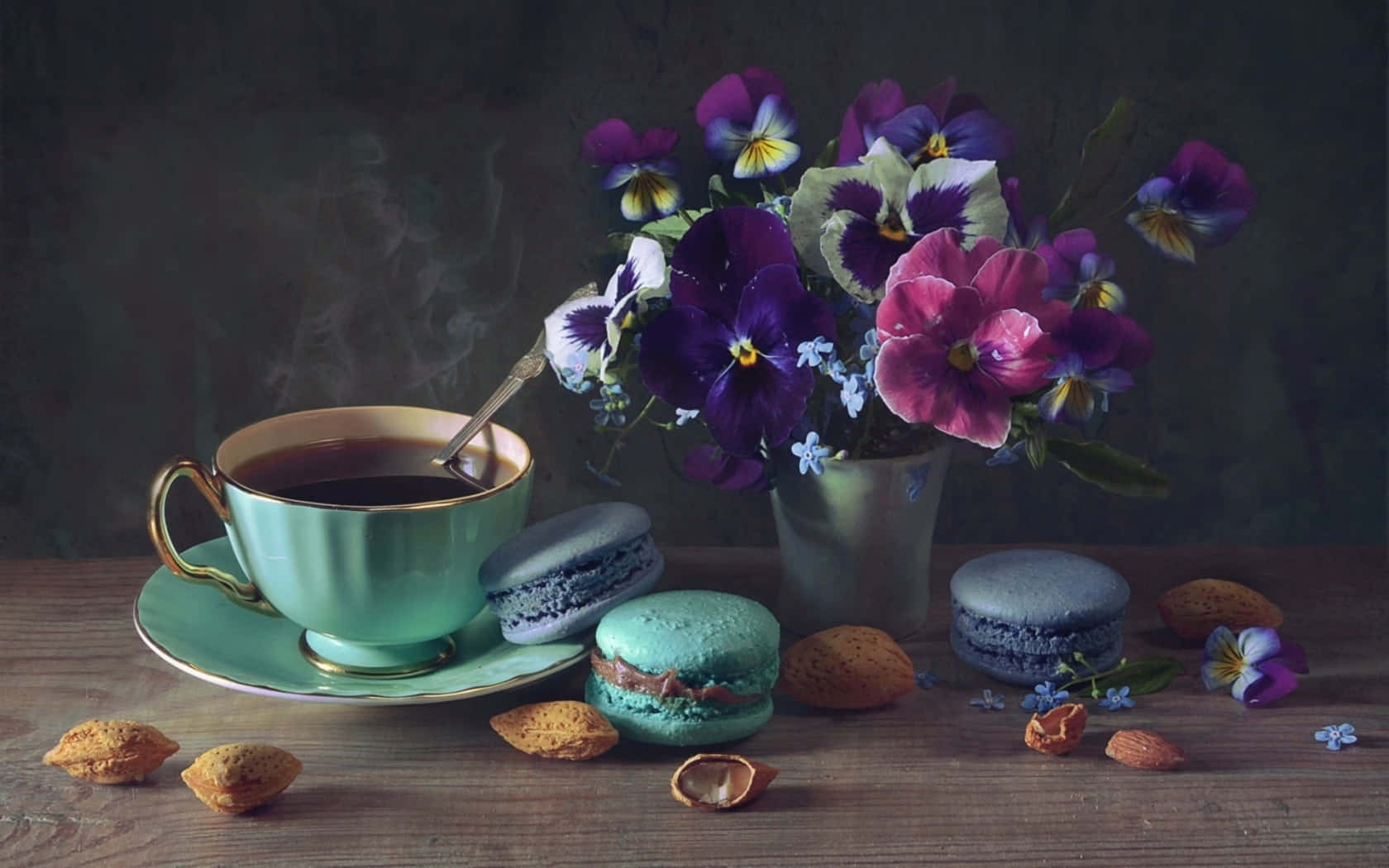spring desserts, vibrant purple and pink pansies, colorful macarons, HD Desktop Wallpaper