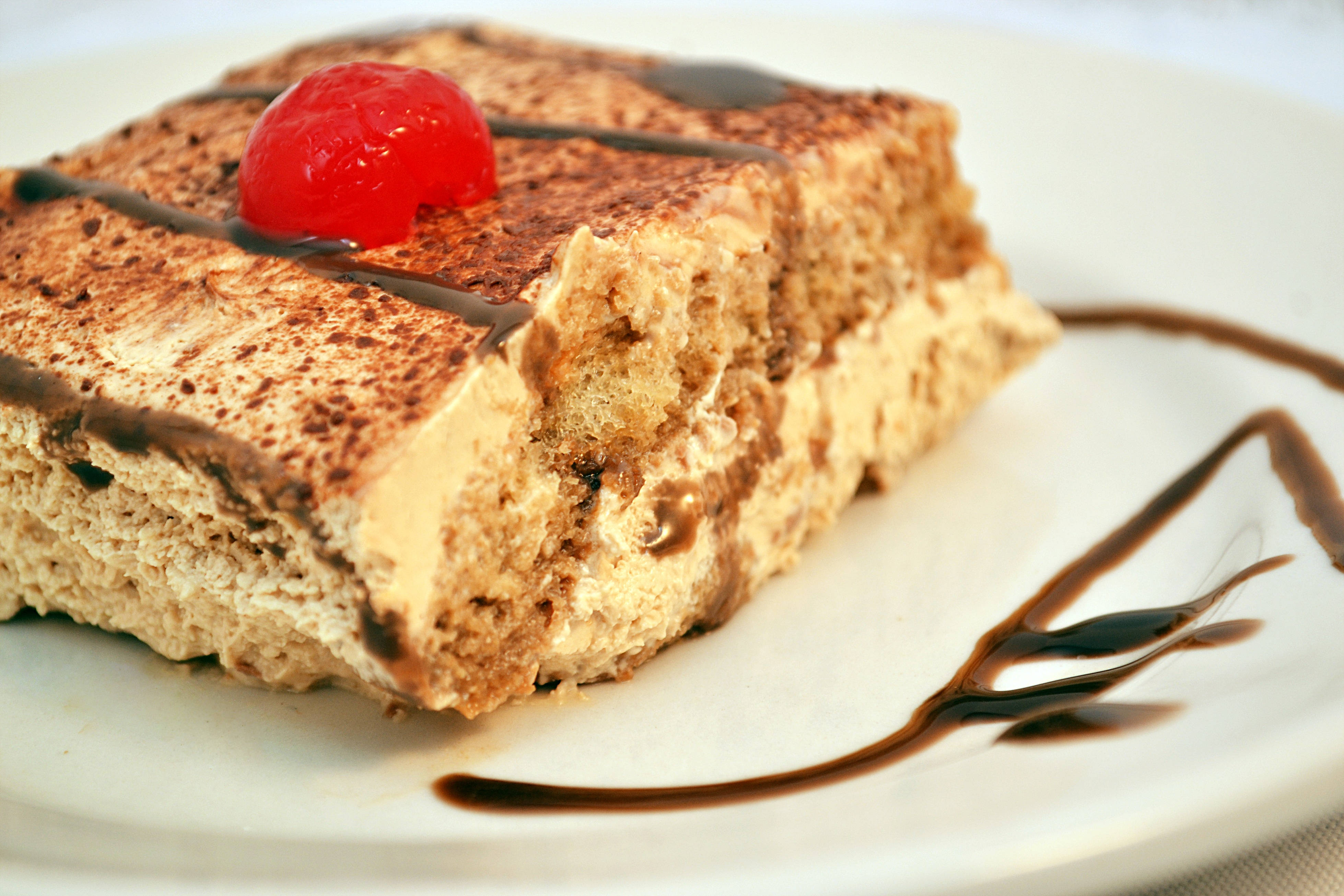 tiramisu, bright red cherry, chocolate drizzle, 4K Desktop Wallpaper