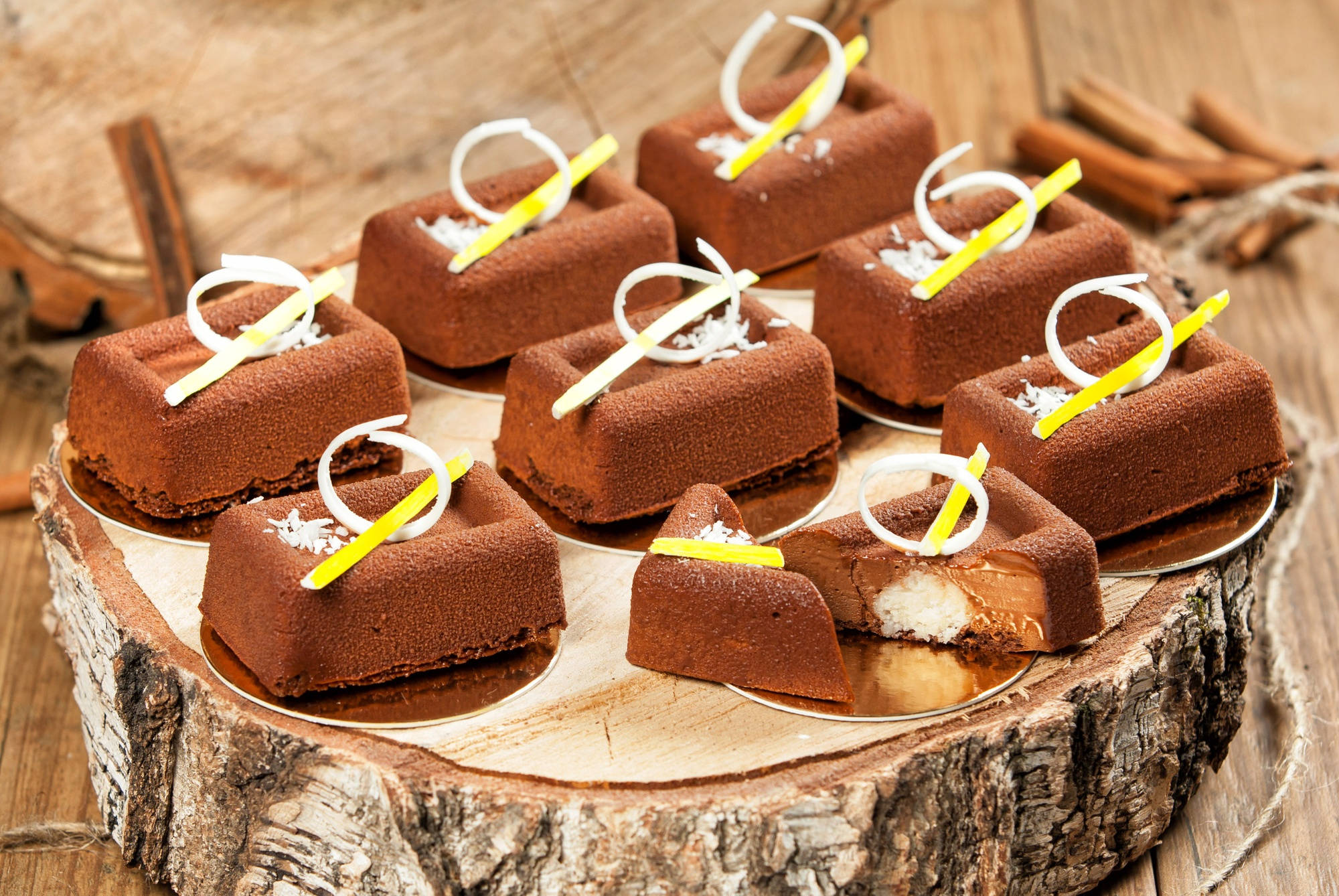 chocolate dessert pastries, coconut, yellow ribbon, Full HD Desktop Wallpaper