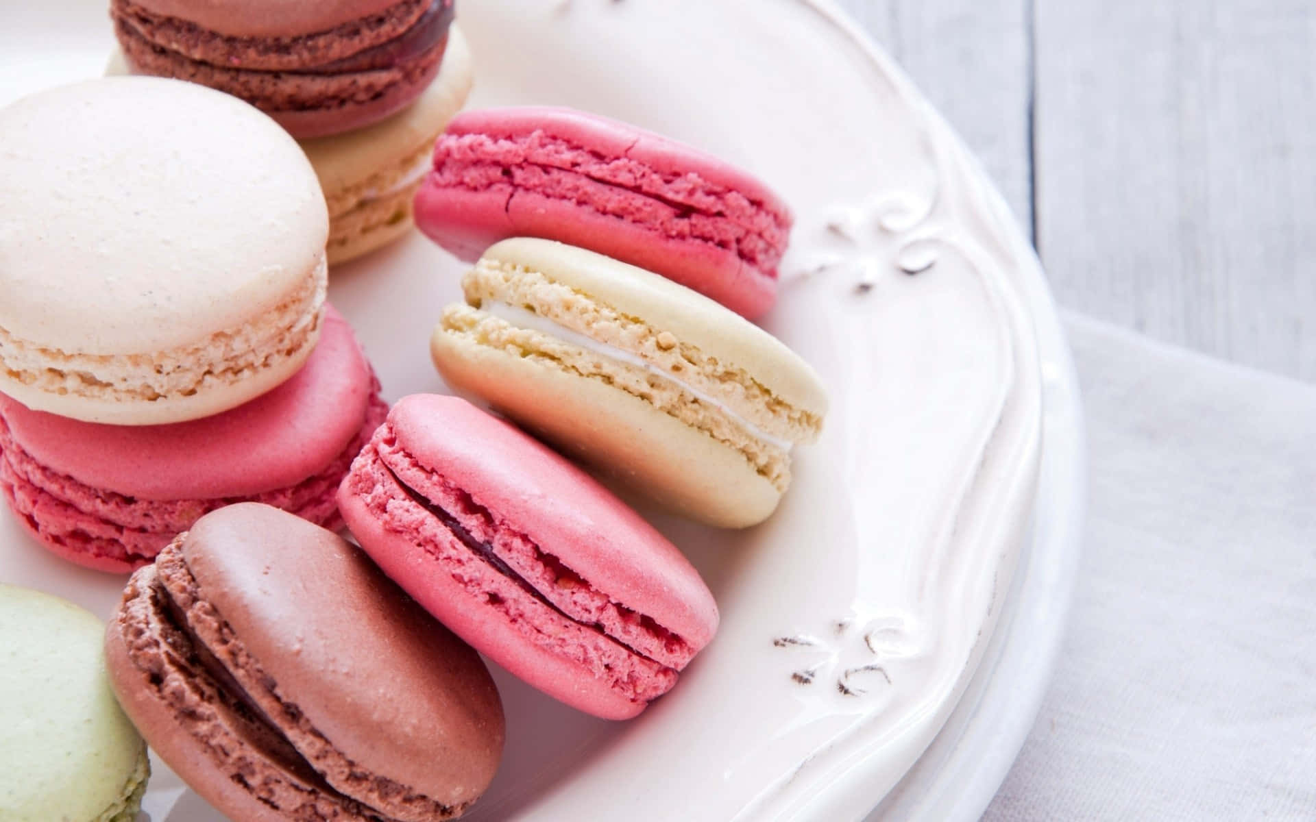 macarons, pastel shades, ornate white plate, Full HD Desktop Wallpaper