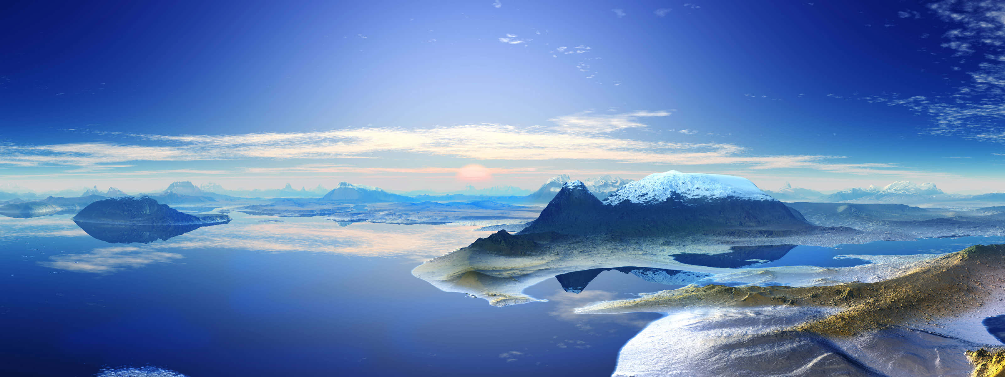 spring dual monitor, snow capped mountains, calm blue waters, 2K Desktop Wallpaper