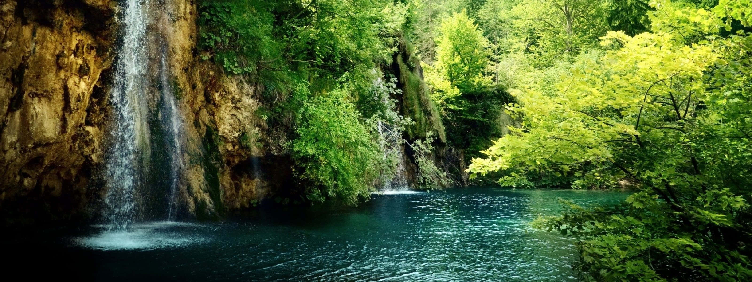 Spring Dual Monitor, waterfall, deep blue pool, 2K Desktop Wallpaper