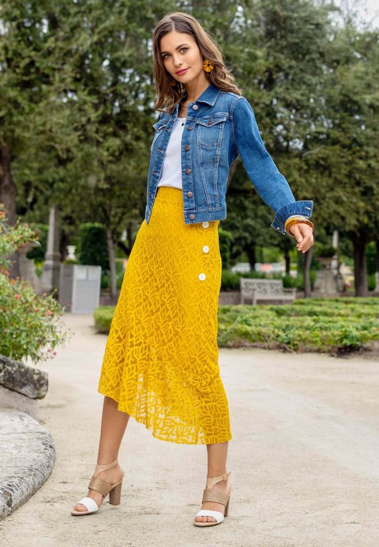 denim jacket, vibrant yellow lace skirt, lush green park, SD Phone Wallpaper