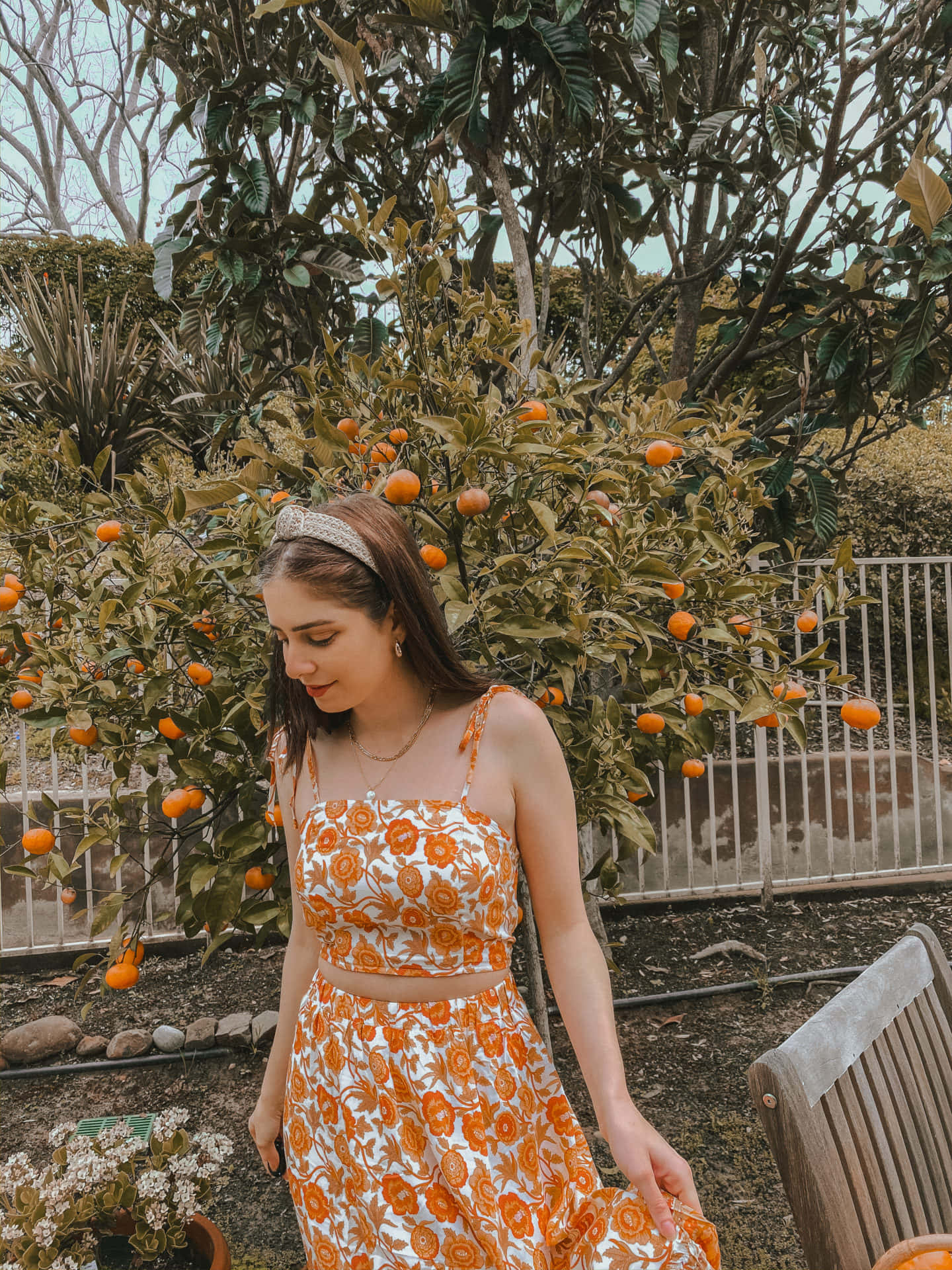 orange floral dress, citrus tree, sunlit garden, Full HD Phone Wallpaper