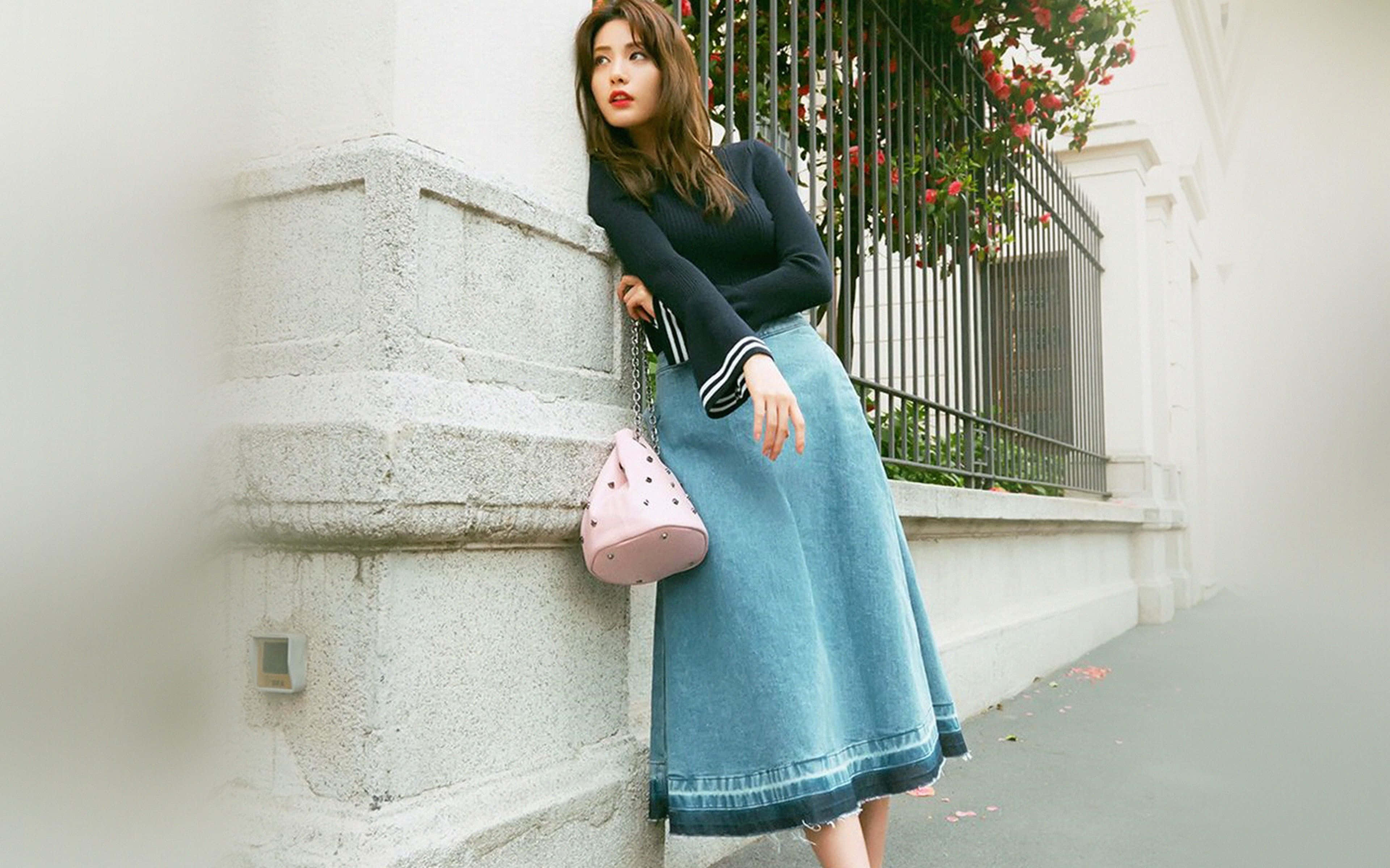 black top, denim skirt, stone wall, 4K Desktop Wallpaper