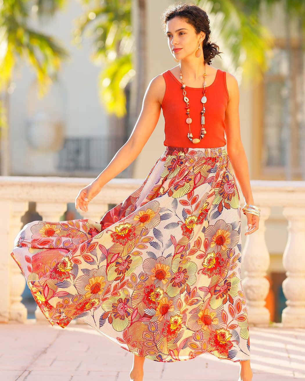 spring fashion, red top, floral skirt, HD Phone Wallpaper