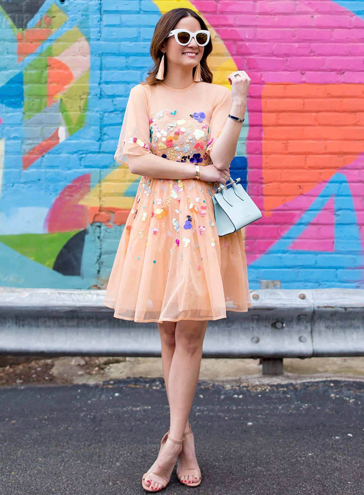 peach floral dress, white sunglasses, vibrant graffiti-covered brick wall, HD Phone Wallpaper