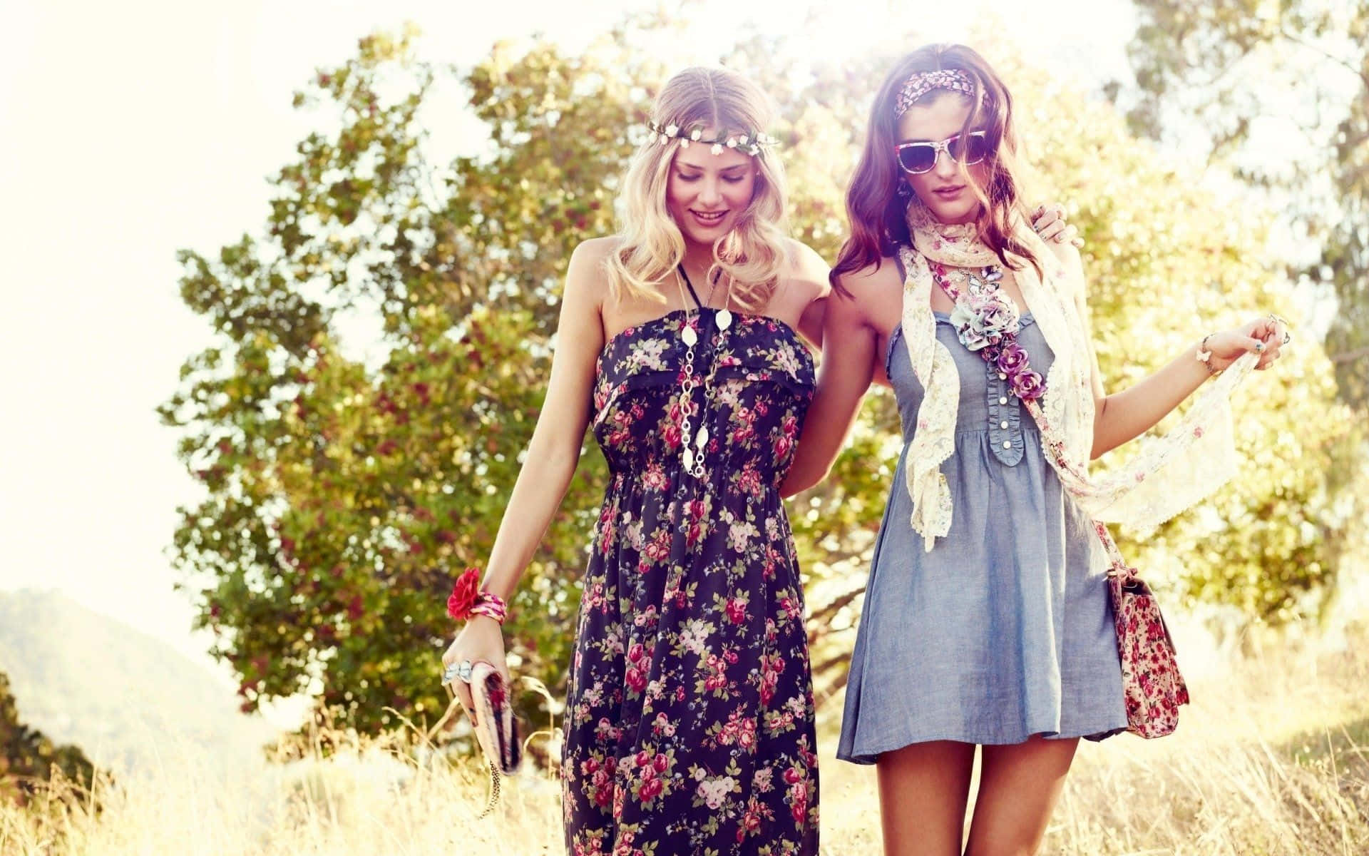 floral dress, bohemian dresses, sunlit grass, Full HD Desktop Wallpaper