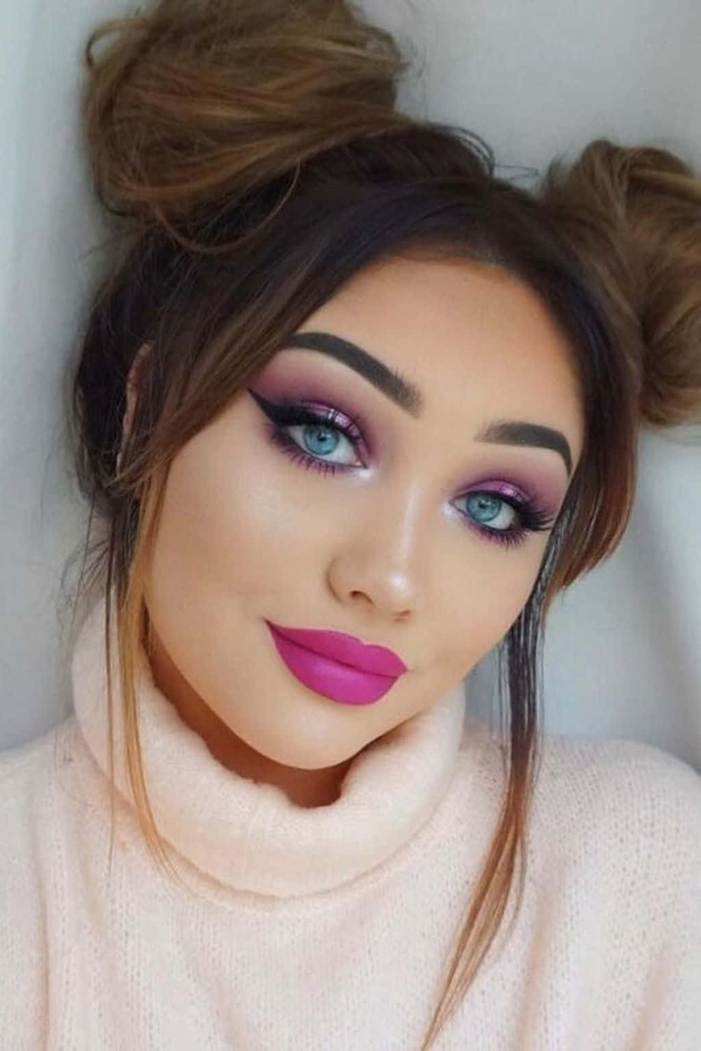 bold purple lipstick, dramatic eye makeup, soft pink turtleneck sweater, HD Phone Wallpaper