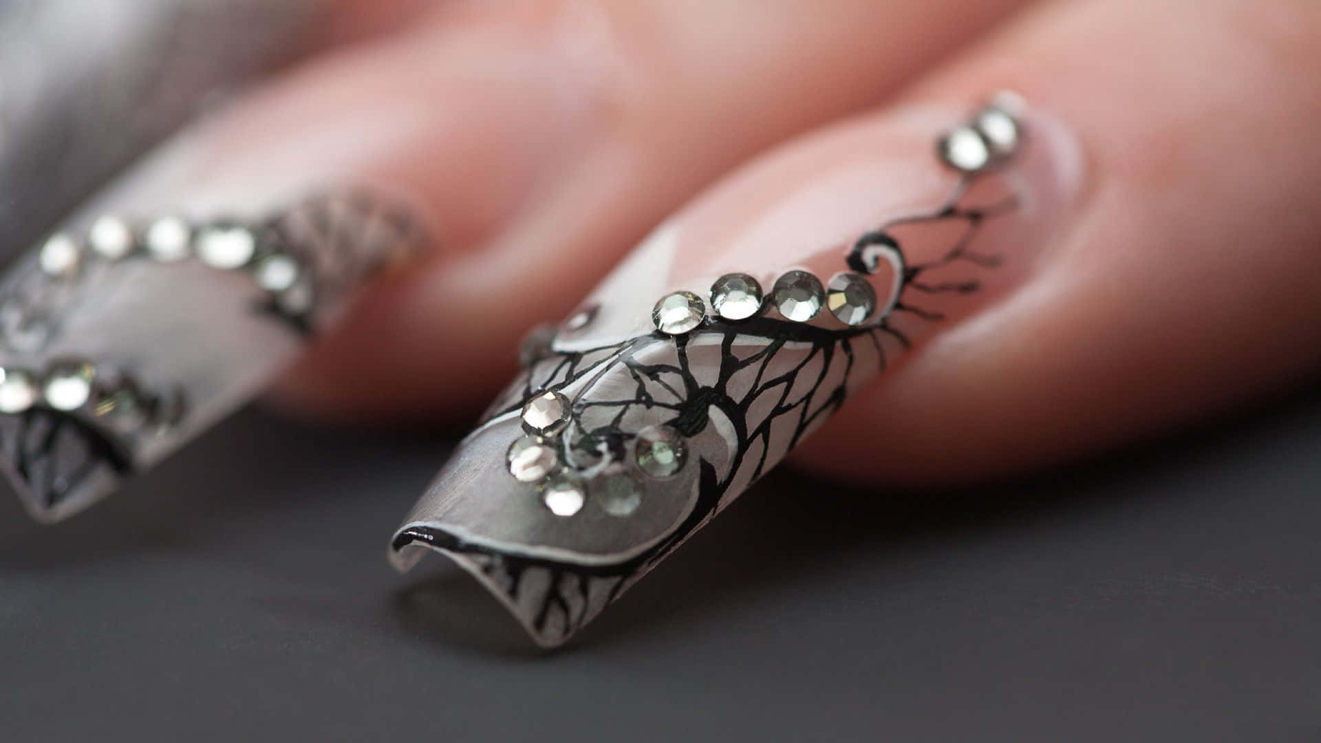 silver nails, black tree designs, sparkling rhinestones, Full HD Desktop Wallpaper