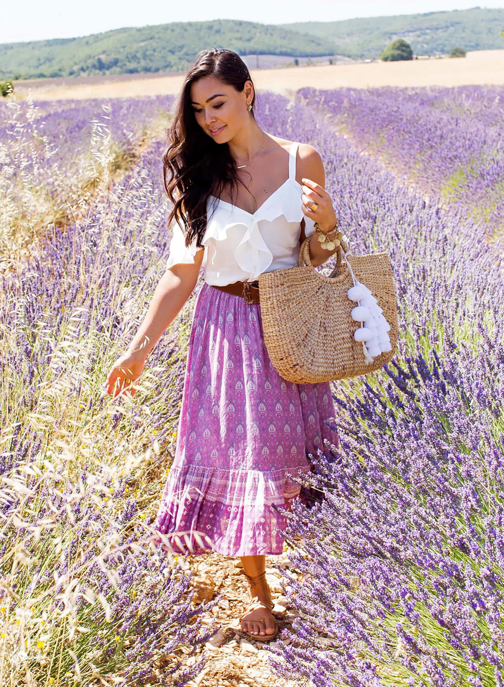Spring Fashion, white top, purple patterned skirt, Full HD Phone Wallpaper