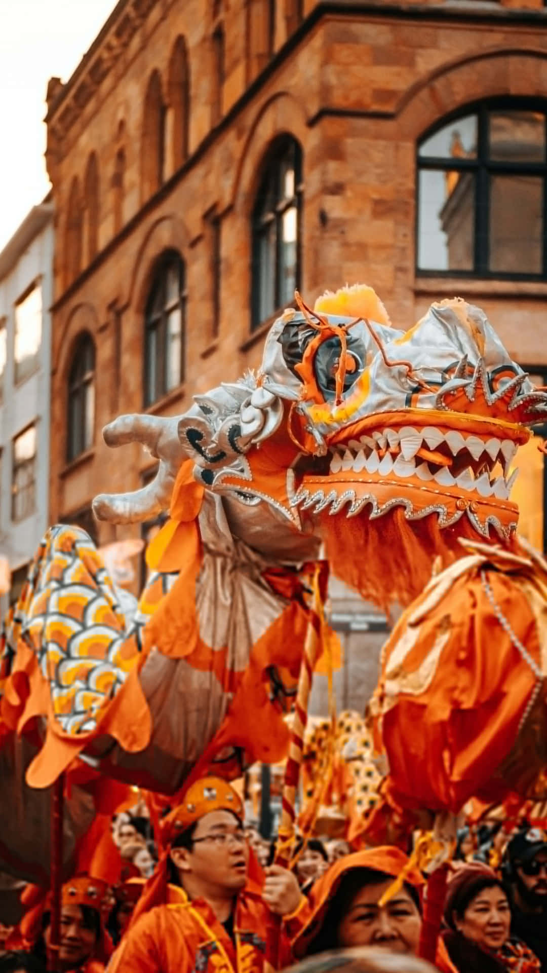 Spring Festival, dragon dance, vibrant orange dragon dance costume, Full HD Phone Wallpaper