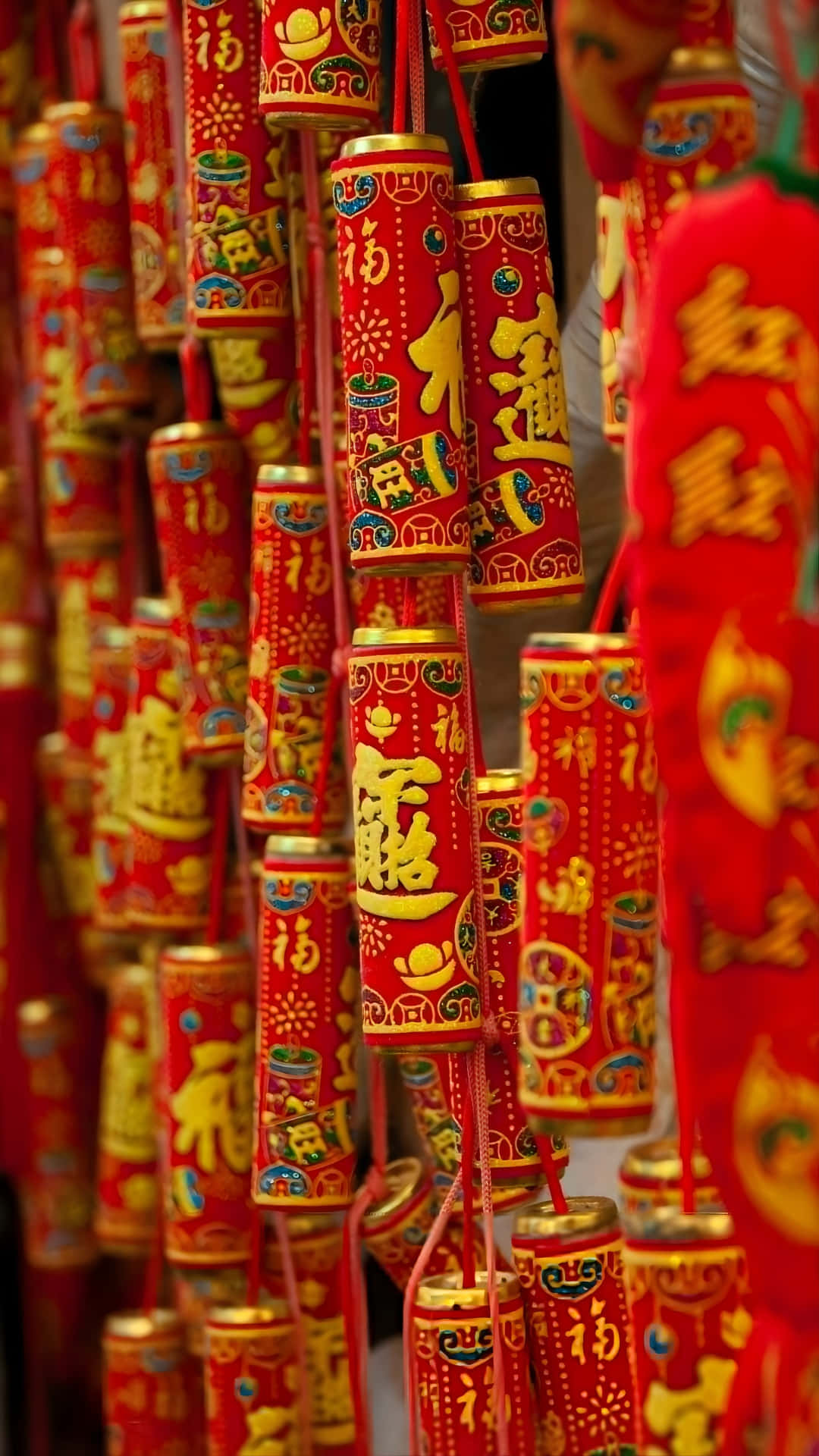 Spring Festival, firecracker decorations, vibrant red cylindrical lanterns, Full HD Phone Wallpaper