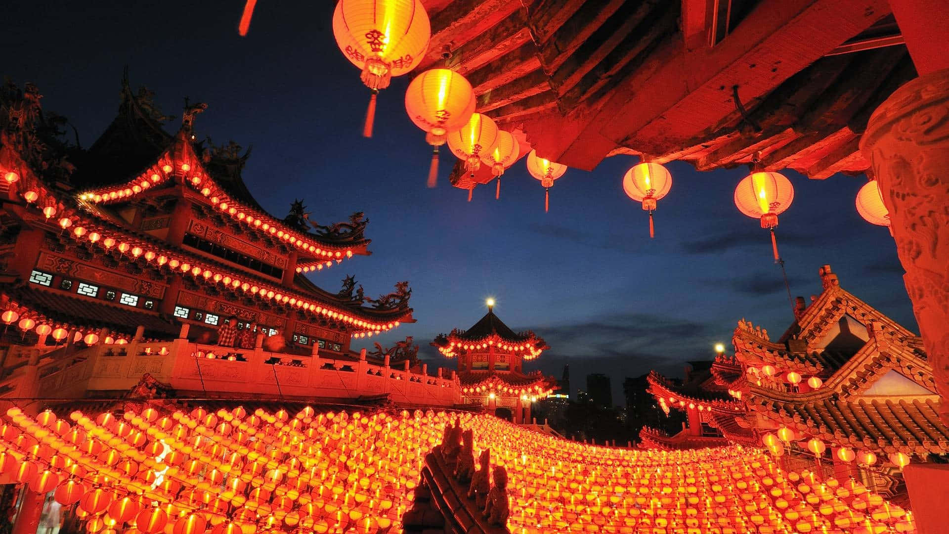 Spring Festival, lantern, traditional Chinese architecture, Full HD Desktop Wallpaper