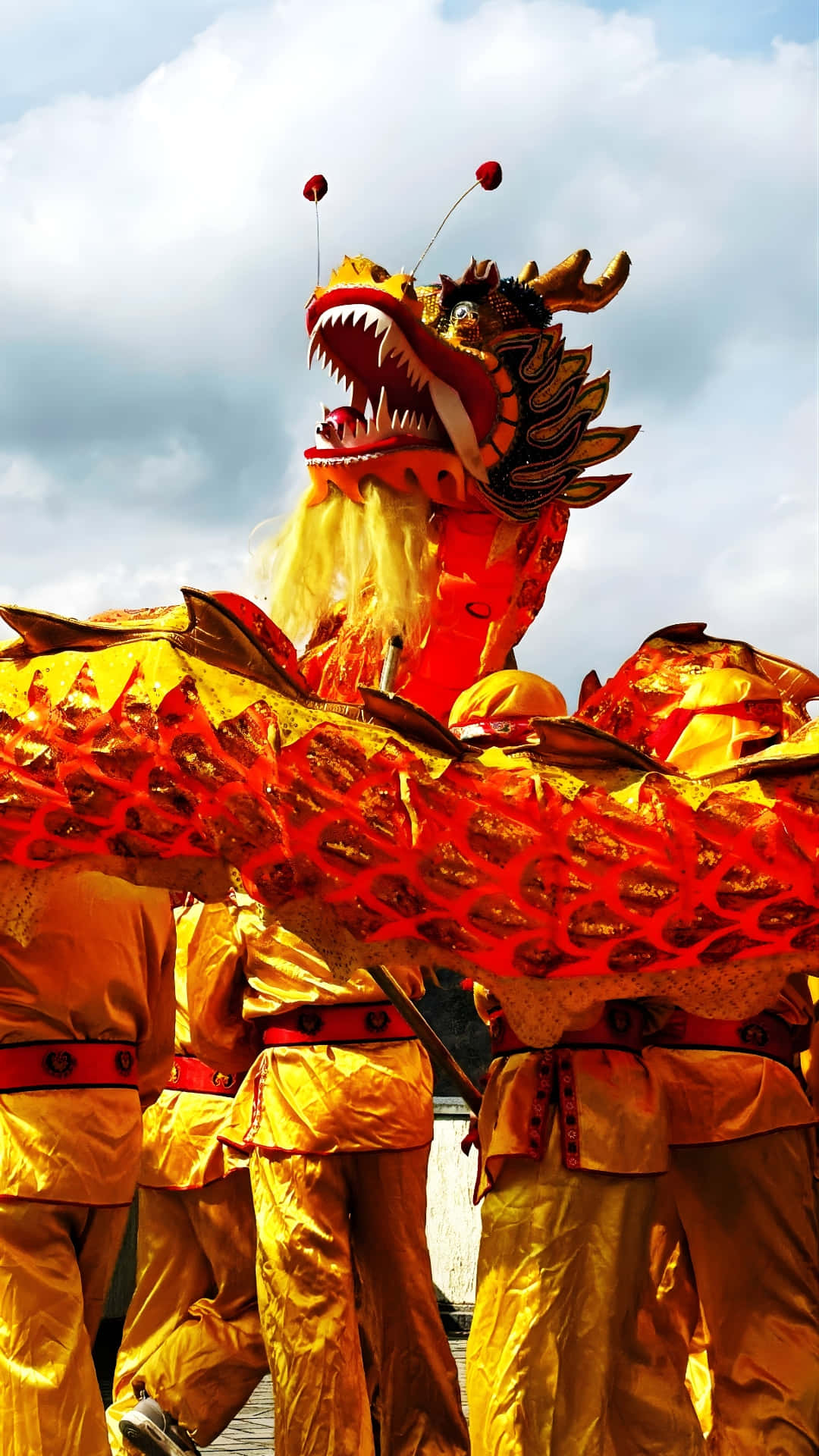 Spring Festival, dragon dance, golden costumes, Full HD Phone Wallpaper