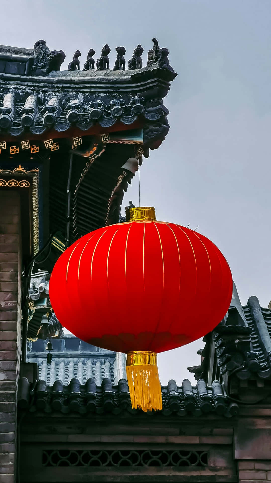 red lantern, golden tassels, traditional Chinese roof, Full HD Phone Wallpaper