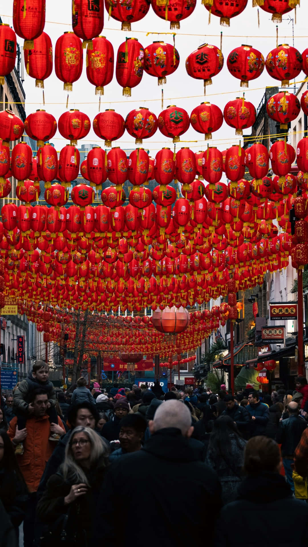 Spring Festival, red lanterns, bustling street, Full HD Phone Wallpaper