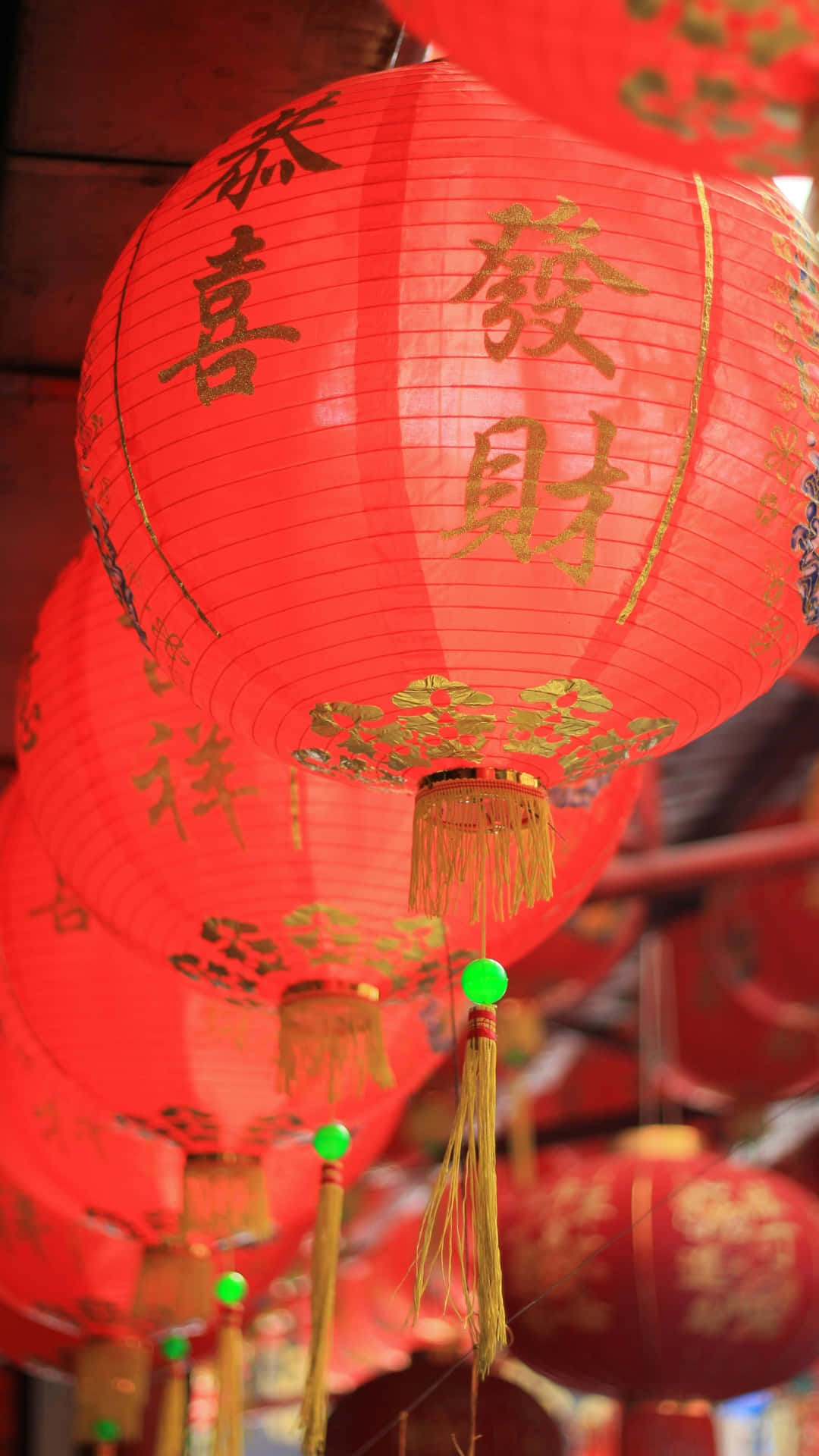 red lanterns, Spring Festival, golden Chinese characters, Full HD Phone Wallpaper