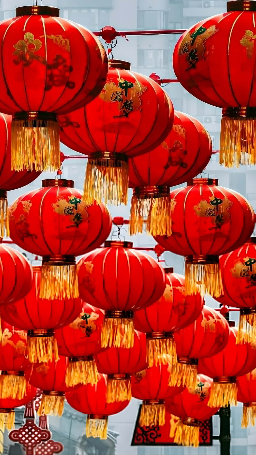 Spring Festival, red lanterns, golden tassels, Full HD Phone Wallpaper