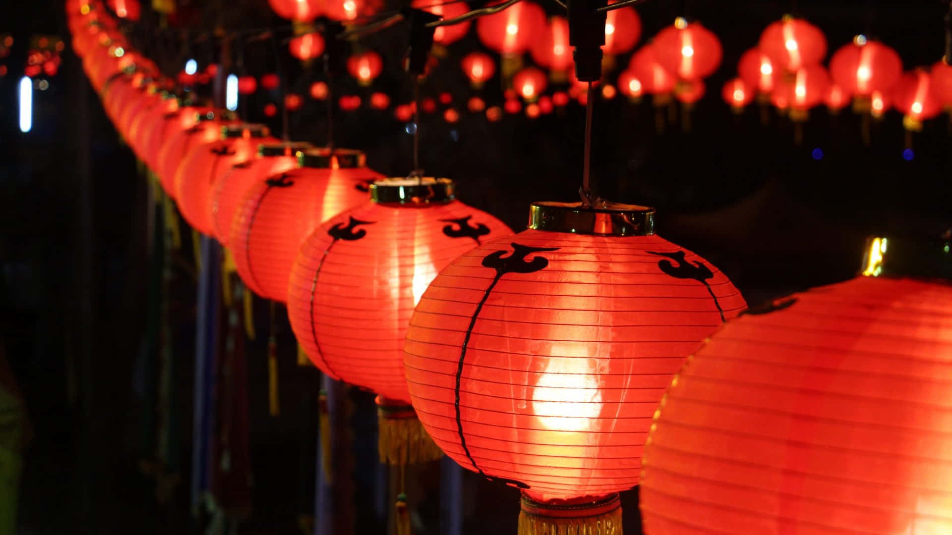 Spring Festival, red paper lanterns, glowing red, Full HD Desktop Wallpaper