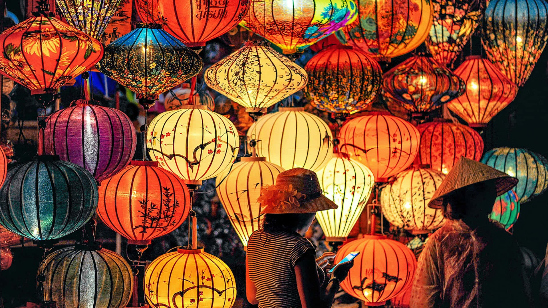 Spring Festival, lantern celebration, red orange yellow and blue, Full HD Desktop Wallpaper