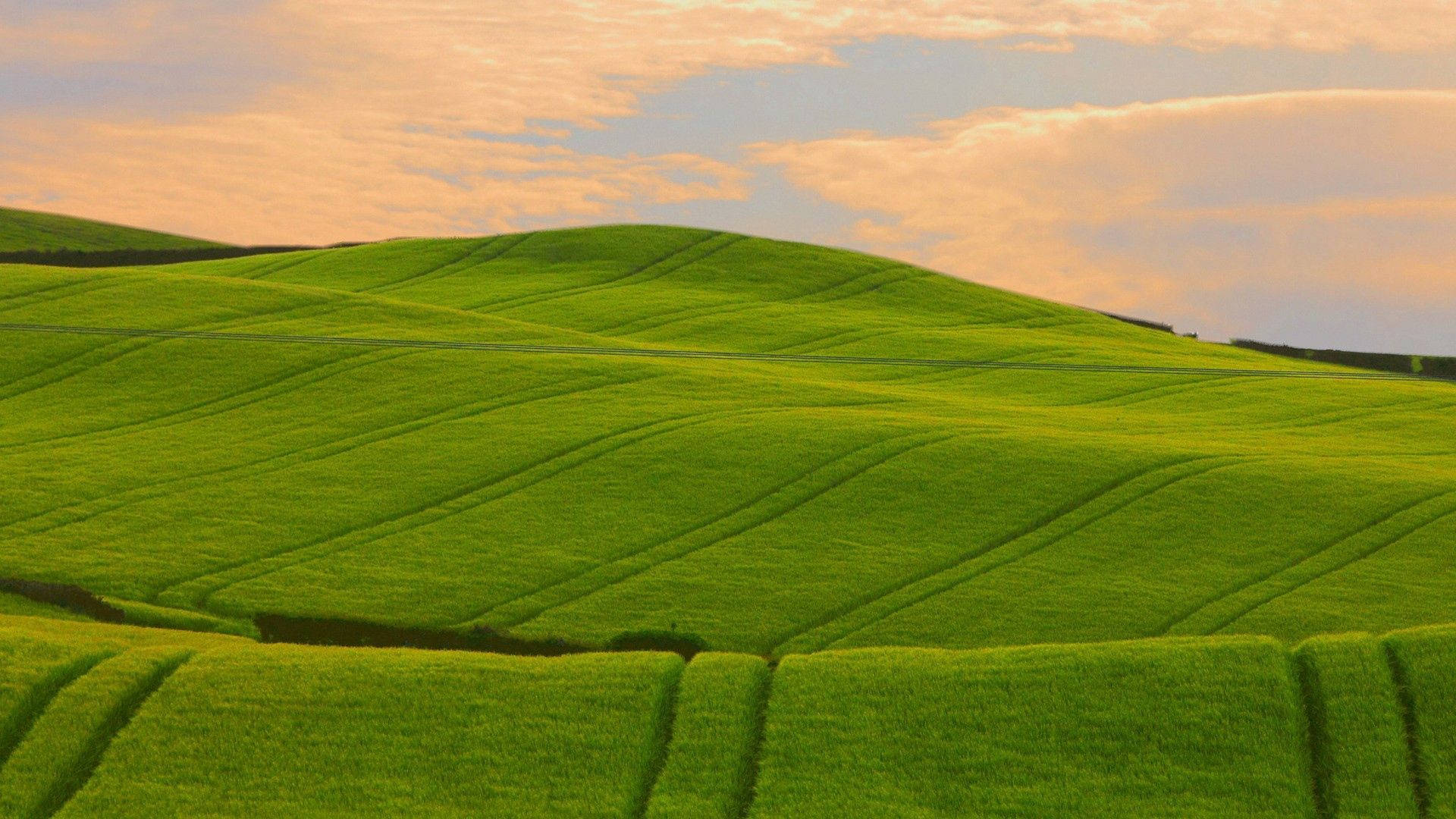 emerald green hills, soft peach and blue sky, golden hour, Full HD Desktop Wallpaper